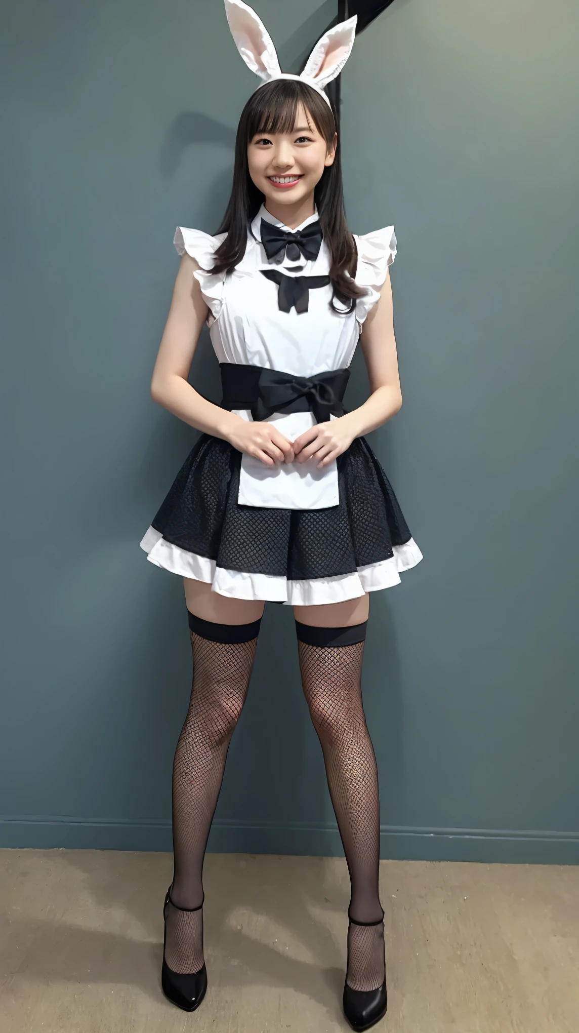 Bunny girl in maid costume:1.5,Wearing light blue fishnet tights:1.5,The best smile:1.5,Full Body Shot:1.5,Gray background:1.5,Wearing black high heels:1.5,