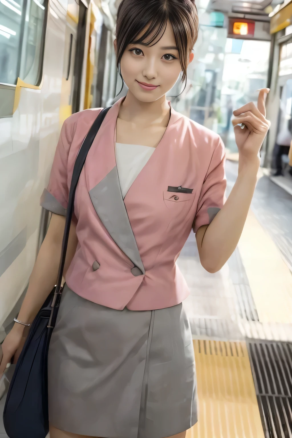 (masterpiece:1.2, highest quality:1.2), 32K HDR, High resolution, (alone、1 girl)、（At the station platform in the afternoon、Professional Lighting）、Background of an empty station platform、（Nankai train crew uniform pinkを着たリアルスタイル）、（Nankai train crew uniform pink short sleeve pink jacket、Nankai Train Crew Uniform Pink Collarless Short Sleeve Blouse、Nankai Train crew uniform pinkのグレー色のキュロットスカート）、Scarf around the neck、Dark brown hair、（Hair tied up、Hair Bun、Hair Bun）、Dark brown hair、Long Shot、Big Breasts、Thin legs、（（Great hands：2.0）），（（Harmonious body proportions：1.5）），（（Normal limbs：2.0）），（（Normal finger：2.0）），（（Delicate eyes：2.0）），（（Normal eyes：2.0））)、smile、（Nankai Train crew uniform pinkのグレー色のキュロットスカートを見せた美しい立ち姿）