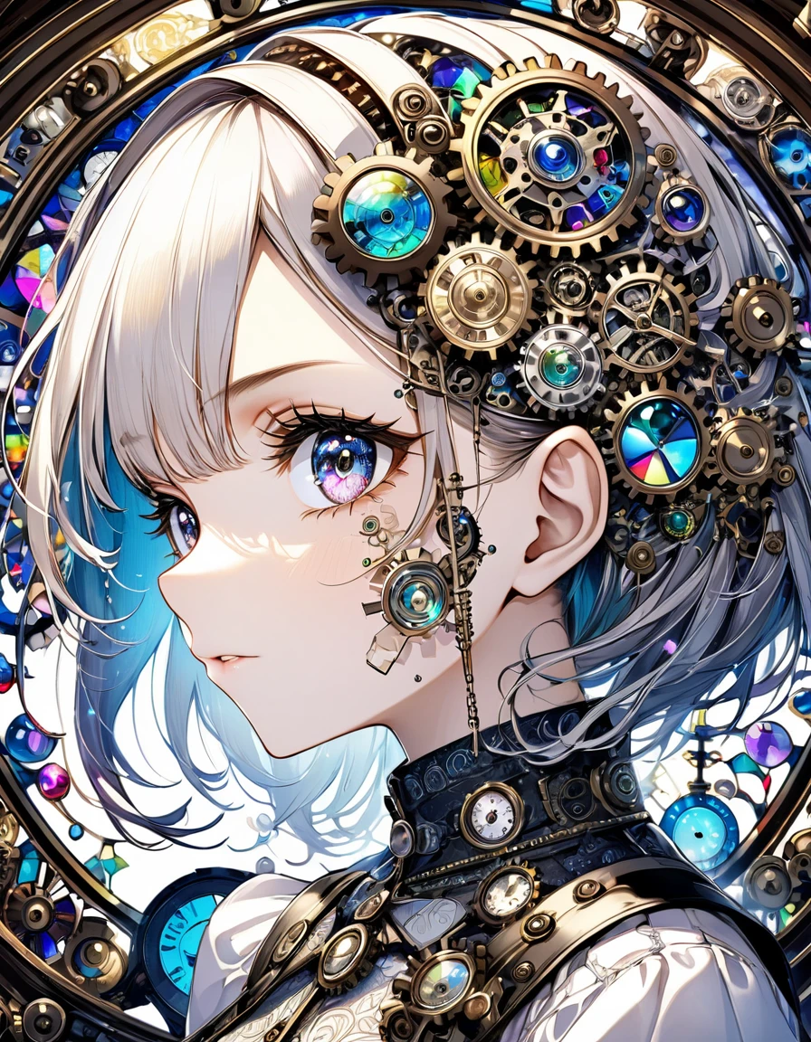 best quality, super fine, 16k, incredibly absurdres, extremely detailed, delicate and dynamic, stained glass kaleidoscope made of jewels of various colors, with mechanical mechanisms, clockwork mechanisms, and gear mechanisms, monochrome girl peering into it, iridescent world artwork