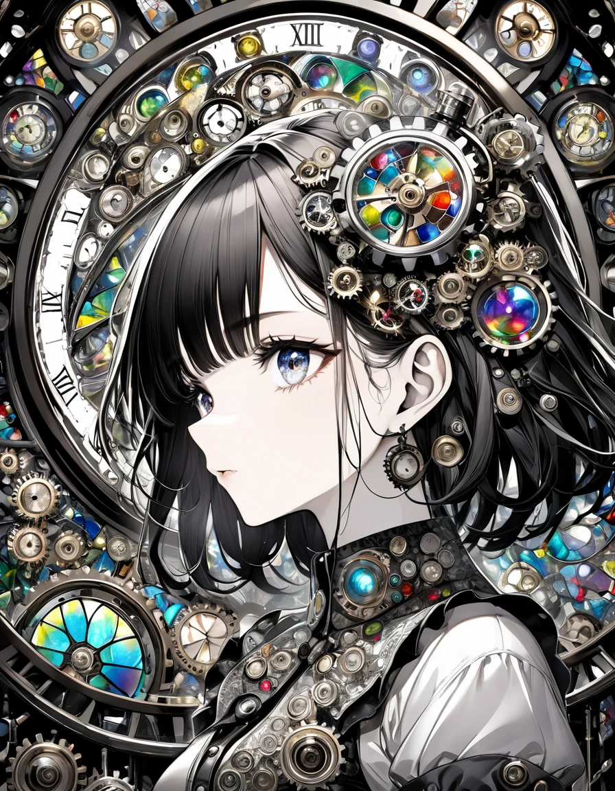 best quality, super fine, 16k, incredibly absurdres, extremely detailed, delicate and dynamic, stained glass kaleidoscope made of jewels of various colors, with mechanical mechanisms, clockwork mechanisms, and gear mechanisms, monochrome girl peering into it, iridescent world artwork 