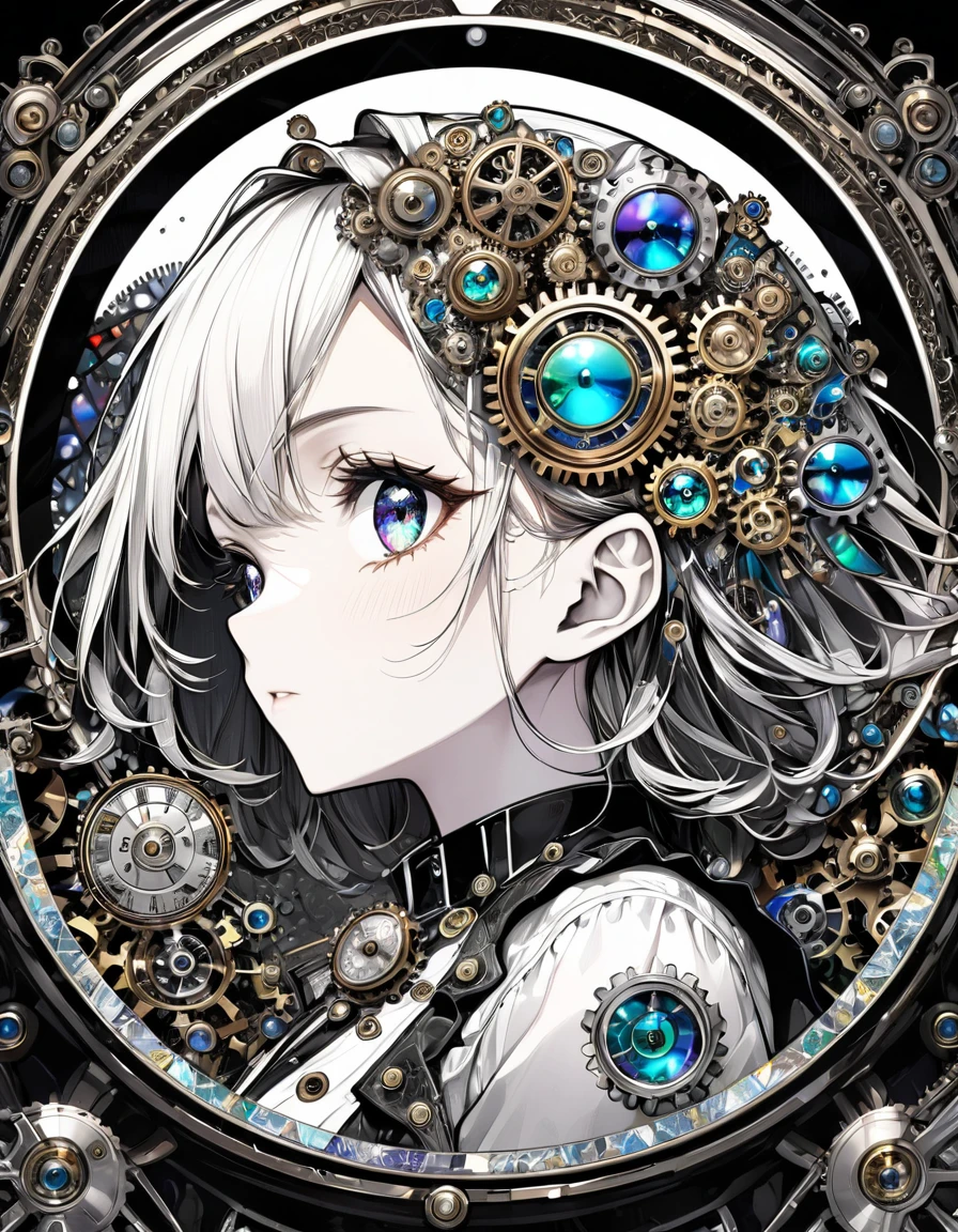 best quality, super fine, 16k, incredibly absurdres, extremely detailed, delicate and dynamic, stained glass kaleidoscope made of jewels of various colors, with mechanical mechanisms, clockwork mechanisms, and gear mechanisms, monochrome girl peering into it, iridescent world artwork