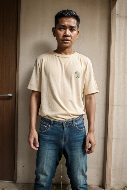 One of the guy pees himself after being scared, standing, Indonesian face, peeing pants, pee stain