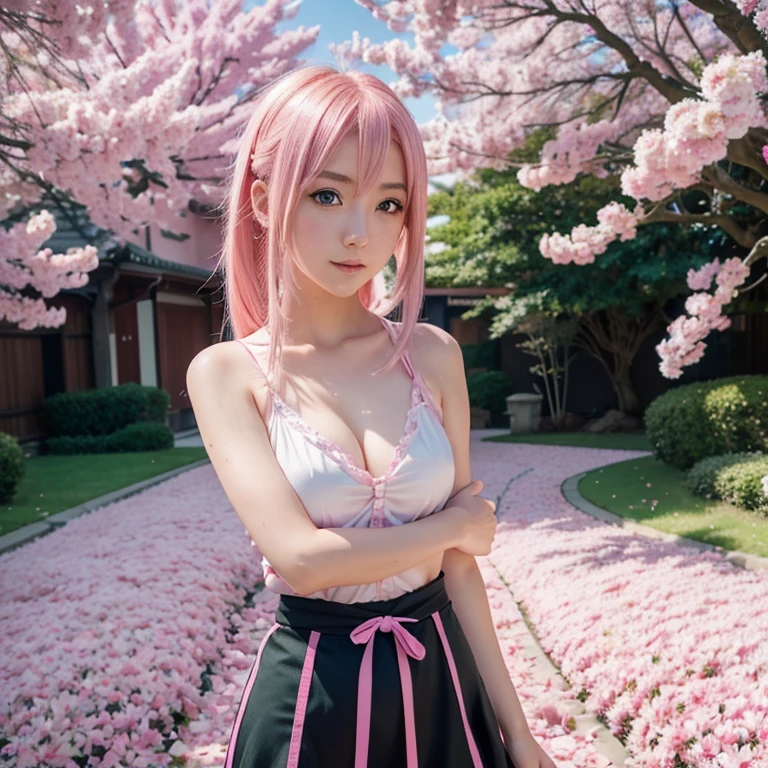 anime girl with pink hair and green eyes posing for a picture, haruno sakura, best anime 4k konachan wallpaper, seductive anime girl, marin kitagawa fanart, sakura petals around her, splash art anime , anime style 4 k, anime moe artstyle, high quality anime artstyle, detailed anime artwork, anime wallaper, anime best girl