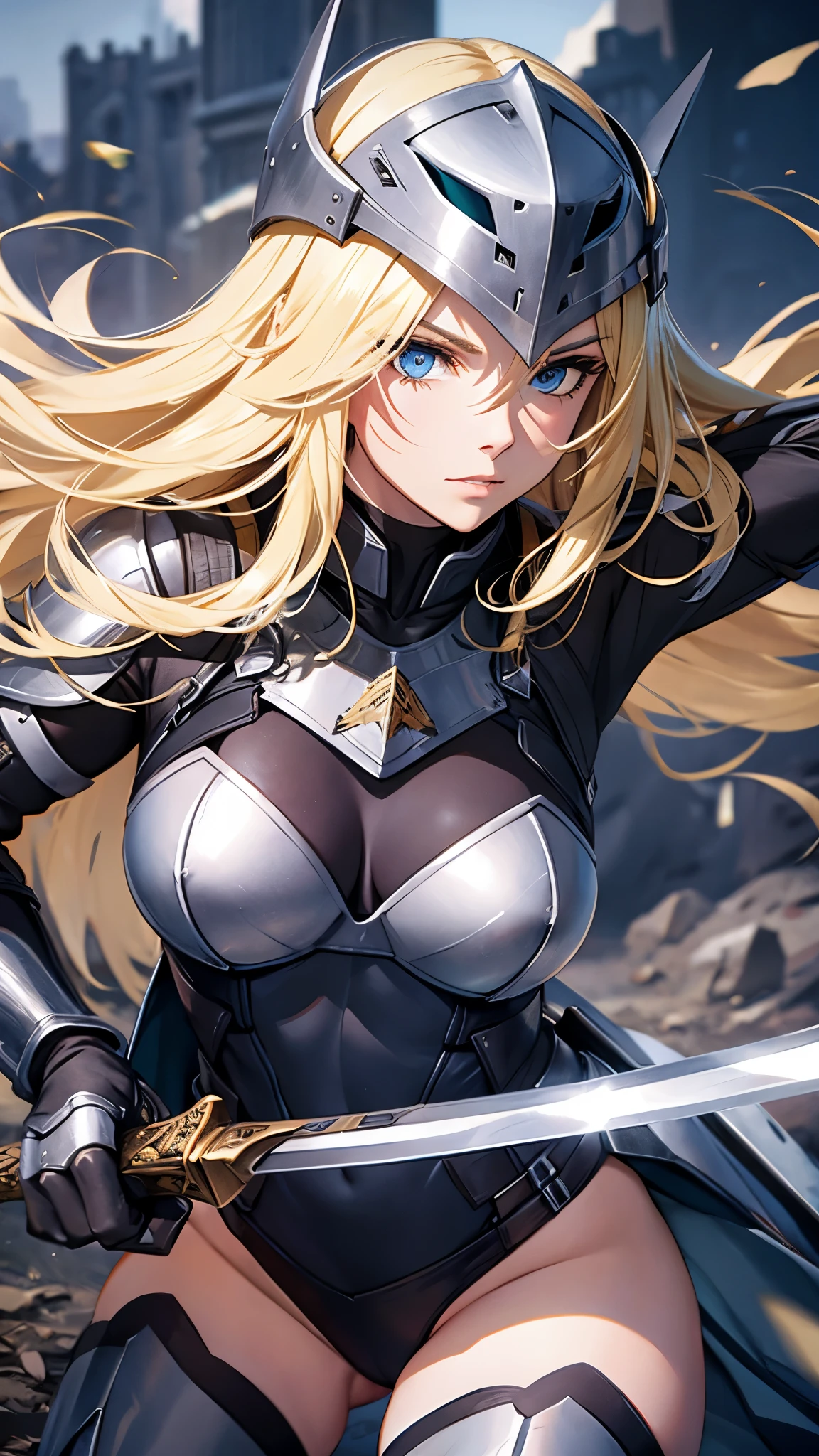 Outside the grassland、1 30-year-old female、Blonde long hair、Knight Commander、leotard、bodysuit,Put on a helmet、(Holding a sword、Claymore Great Sword),She is fighting monsters