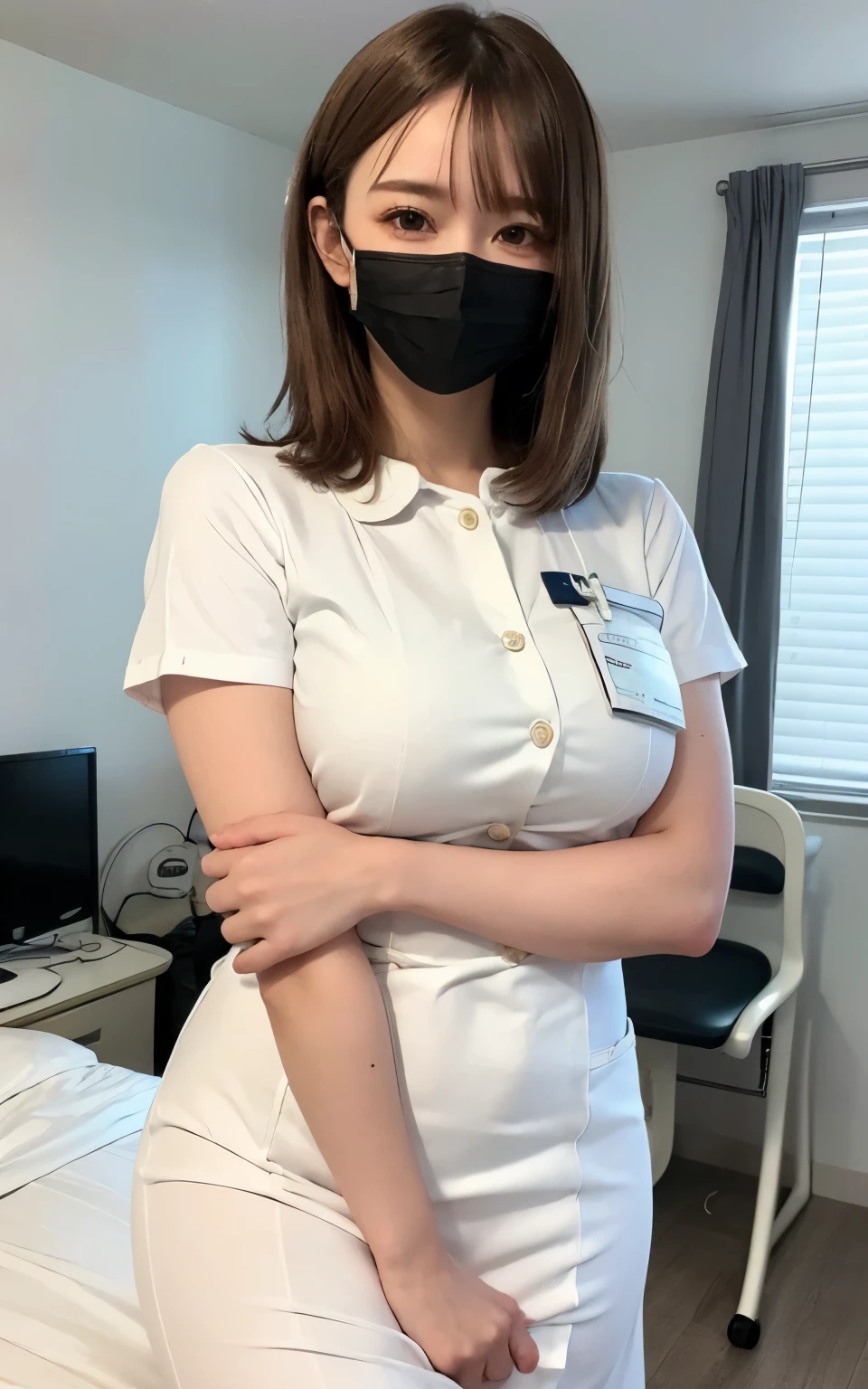 1 girl,(Wearing white nurse clothes:1.2),(RAW Photos, highest quality), (Realistic, photo-Realistic:1.4), masterpiece, Very delicate and beautiful, Very detailed, 2k wallpaper, wonderful, finely, Very detailed CG unity 8k wallpaper, Very detailed, High resolution, Soft Light, Beautiful detailed girl, Very detailed eyes and face, Beautiful and detailed nose, finely beautiful eyes, nurse, Perfect Anatomy, Black Hair, Upstyle, nurse uniform, ((mask)), Long skirt, nurse, White costume, thin, hospital, clear, White Uniform, hospital room, Neck auscultation,Bobcut