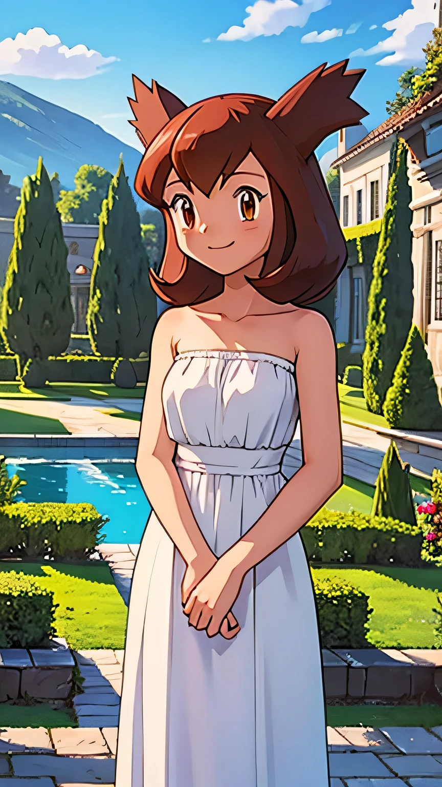 masterpiece, best quality, ultra-detailed, illustration, beautiful detailed eyes, very detailed illustration, cinematic lighting, 1 girl, solo, Pokemon Heroes (Bianca), Brown Hair, brown eyes, 1 girl, solo, Good hands are down, Smile, Blushing, Bare Neck, Bare Shoulders, strapless, White maxi dress. Standing up. Cowboy shot. A landscape of blue skies, a mountain, a mansion, an garden maze, a water pool