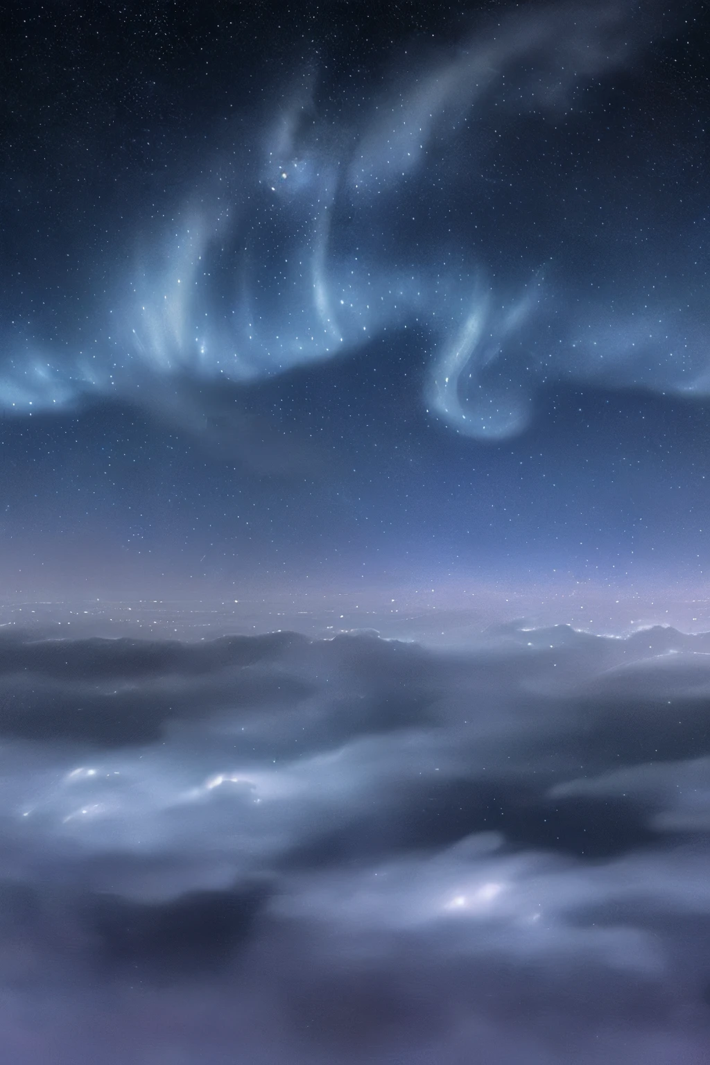 a view of a night sky with a crescent above the clouds, extremely beautiful and ethereal, fog and starry skies, glowing clouds, dreamy night, colorful night sky, beautiful night sky, foggy night sky, glowing colorful fog, very magical and dreamy, incredibly ethereal, ✨🕌🌙, dreamy sequence, beautiful and mysterious, stars and moons in the sky, detailed dreamscape