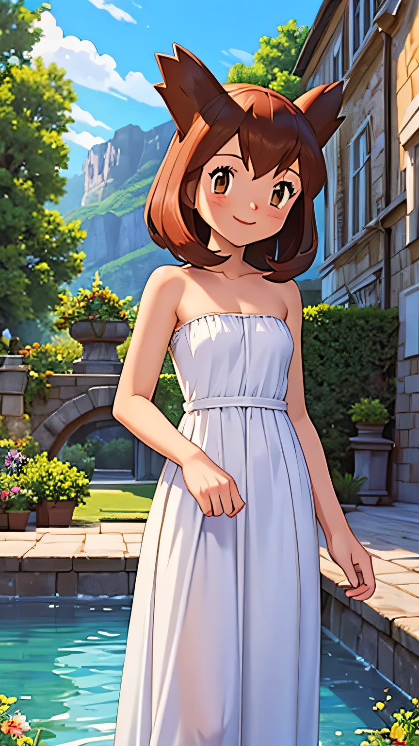 masterpiece, best quality, ultra-detailed, illustration, beautiful detailed eyes, very detailed illustration, cinematic lighting, 1 girl, solo, Pokemon Heroes (Bianca), Brown Hair, brown eyes, 1 girl, solo, Good hands are down, Smile, Blushing, Bare Neck, Bare Shoulders, strapless, White maxi dress. Standing up. Cowboy shot. A landscape of blue skies, a mountain, a mansion, an garden maze, a water pool