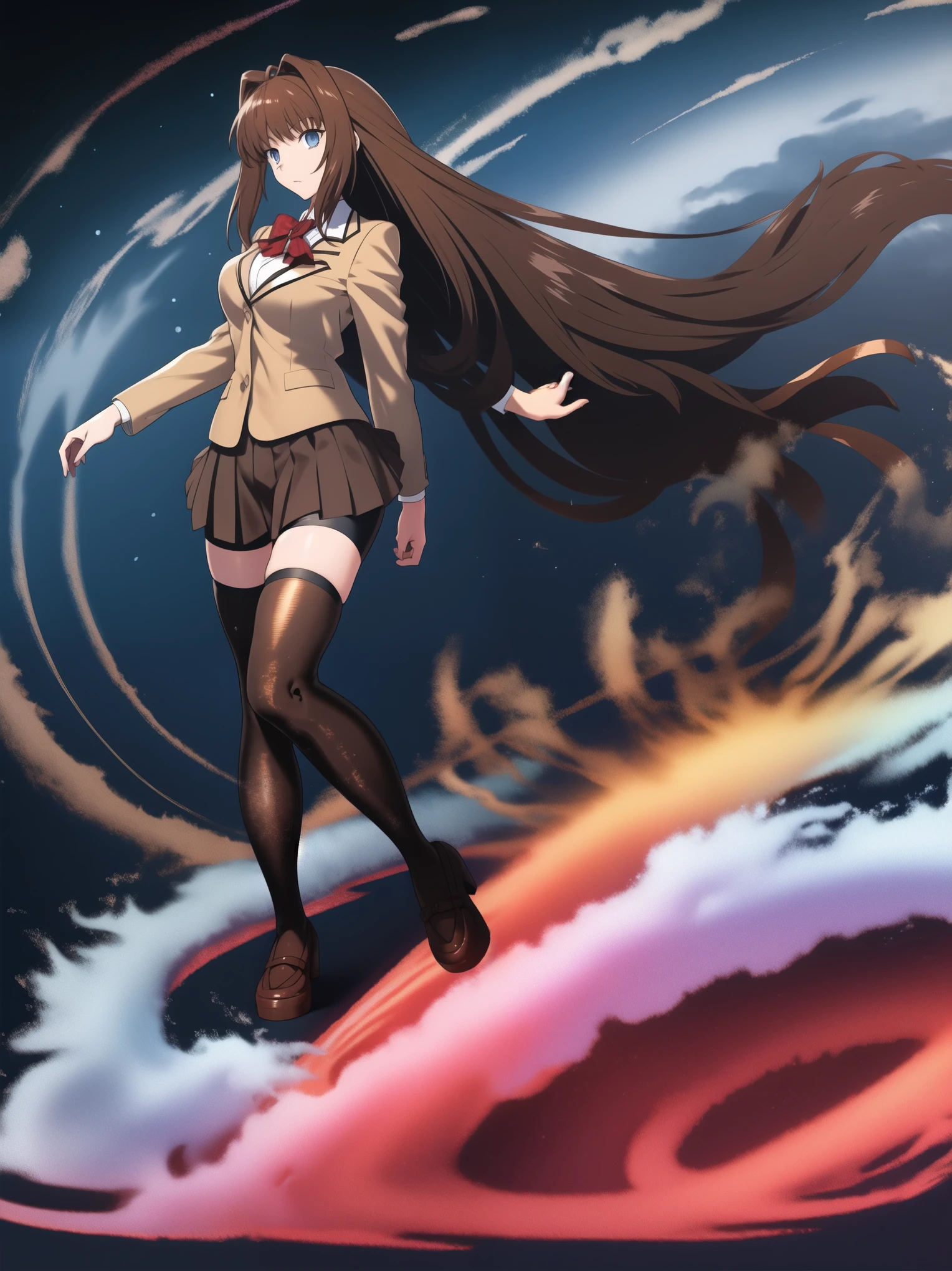 BREAK, centered. BREAK, (EMPTY BACKGROUND), BREAK (masterpiece:1), best quality, high resolution, 8k, illustration, (beautiful detailed eyes:1.5), extremely detailed face, extremely detailed body, CG, perfect hands, perfect anatomy, (((1girl))), ((solo)), ((bbaoko)), ((2 legs max)), ((2 feet max:1.6)), ((swirling vortex shaped longest brown hair:1.5)), (brown longest hair with slightly reddish undertone:1.6), (lush luscious longest brown hair:1.6), (very long voluminous longest brown hair:1.5), serious, blue eyes, red bowtie, (Form-fitting beige blazer:1.5), brown jacket, (highly detailed beautiful face:1.2), (white shirt:1), (well shaped large breasts:1.6), (nice hips:1), (((Umber pleated thigh-high skirt:1.6))), (((black bike shorts:1.4))), (toned thighs:1.6), (jetblack thighhighs:1.6), (strap shoes brown color), (facing front:1.5), ((standing straight:1.5)), ((Fullbody in frame:1.6)), ((Full body:1.5)), ((takeuchi takashi:1.3))