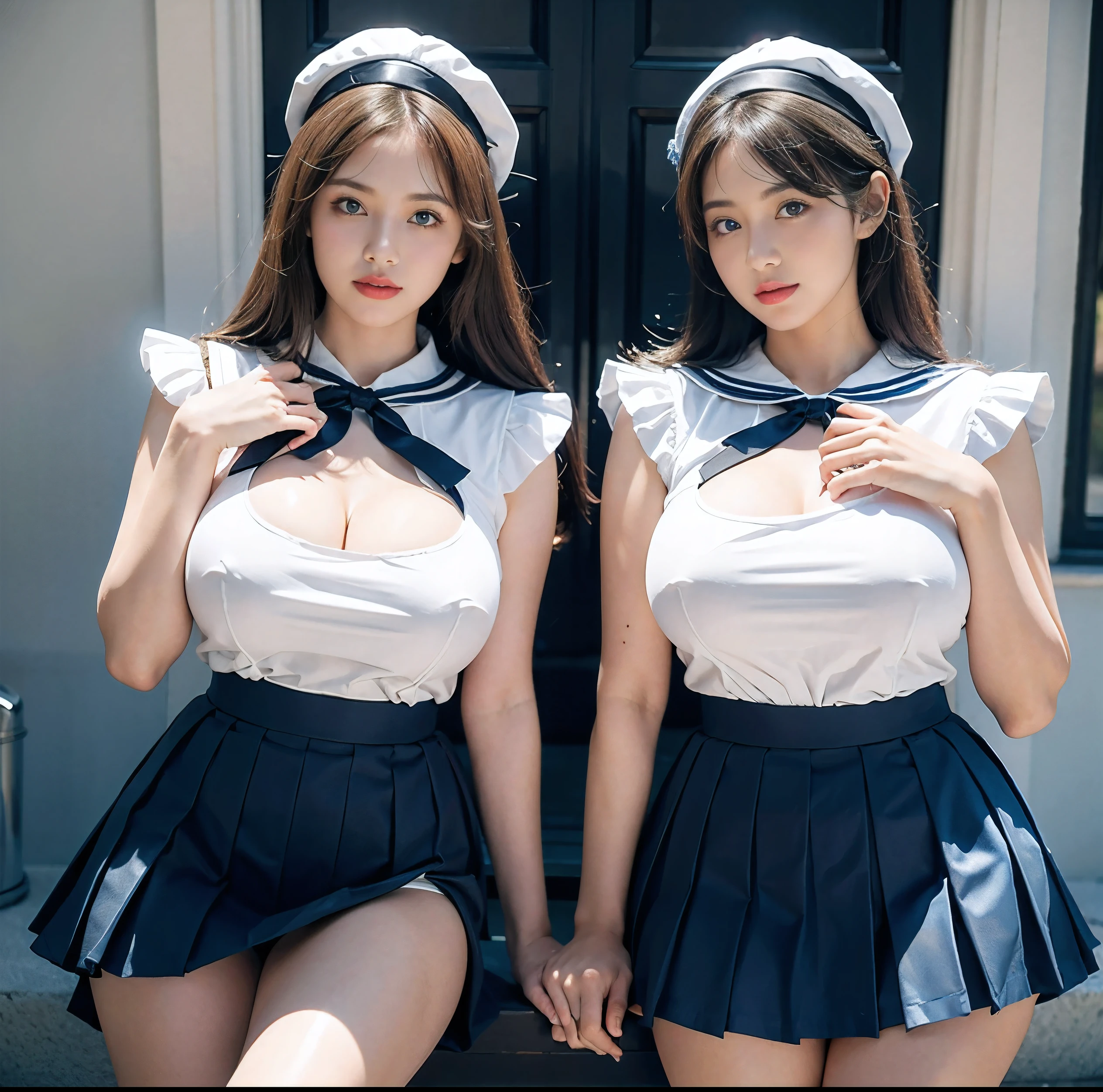 8K quality, Masterpiece, Bright lighting without shadows, (Two busty women standing side by side), (Super big breasts compressed by clothes:1.2), Whitening skin, Sparkling Blue Eyes, Sailor collar uniform, Pleated skirt, Above the knee, Skirtliftv1, (Super big breasts emphasized by sticking them out in the hands:1.3), A frontal shot that emphasizes her huge breasts, (White panties),