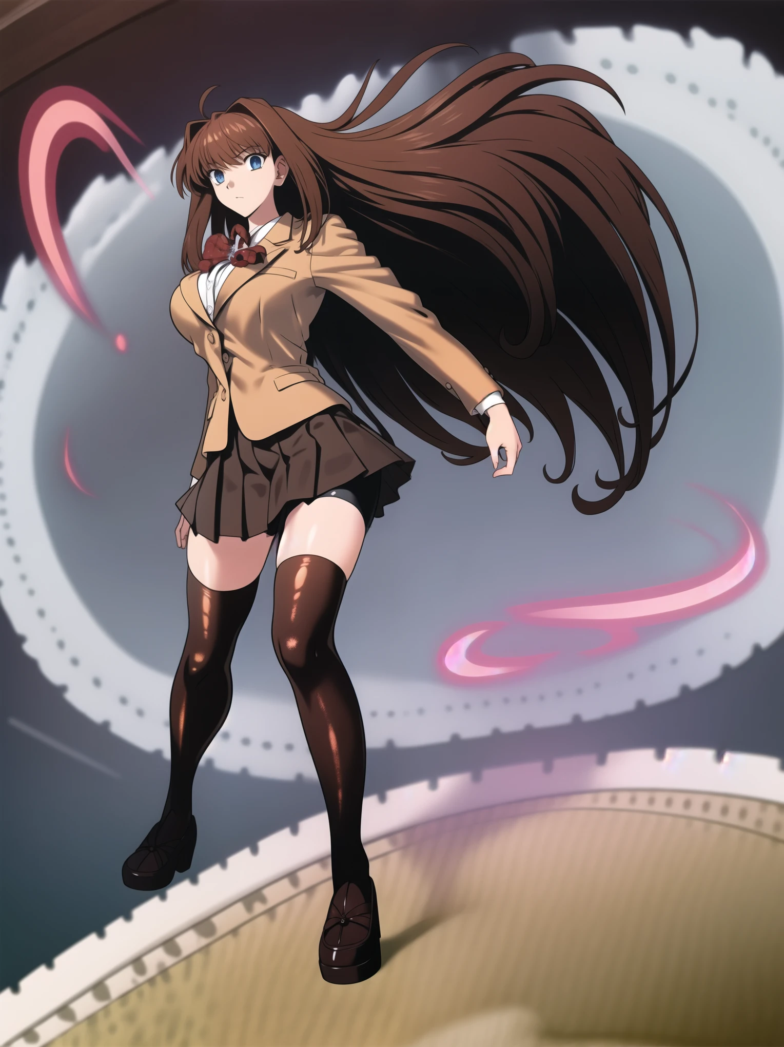 BREAK, centered. BREAK, (EMPTY BACKGROUND), BREAK (masterpiece:1), best quality, high resolution, 8k, illustration, (beautiful detailed eyes:1.5), extremely detailed face, extremely detailed body, CG, perfect hands, perfect anatomy, (((1girl))), ((solo)), ((bbaoko)), ((2 legs max)), ((2 feet max:1.6)), ((swirling vortex shaped longest brown hair:1.5)), (brown longest hair with slightly reddish undertone:1.6), (lush luscious longest brown hair:1.6), (very long voluminous longest brown hair:1.5), serious, blue eyes, red bowtie, (Form-fitting beige blazer:1.5), brown jacket, (highly detailed beautiful face:1.2), (white shirt:1), (well shaped large breasts:1.6), (nice hips:1), (((Umber pleated thigh-high skirt:1.6))), (((black bike shorts:1.4))), (toned thighs:1.6), (jetblack thighhighs:1.6), (strap shoes brown color), (facing front:1.5), ((standing straight:1.5)), ((Fullbody in frame:1.6)), ((Full body:1.5)), ((takeuchi takashi:1.3))