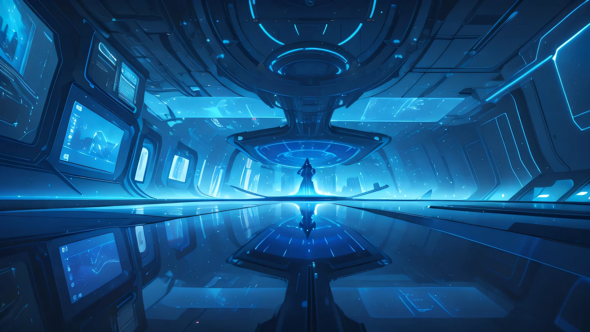 Blue Technology,Technological devices and holographic screens. Depth,Front view,symmetry,nobody,. The medium of art is digital, Focus on capturing futuristic atmosphere and environment.Symmetry scene,
