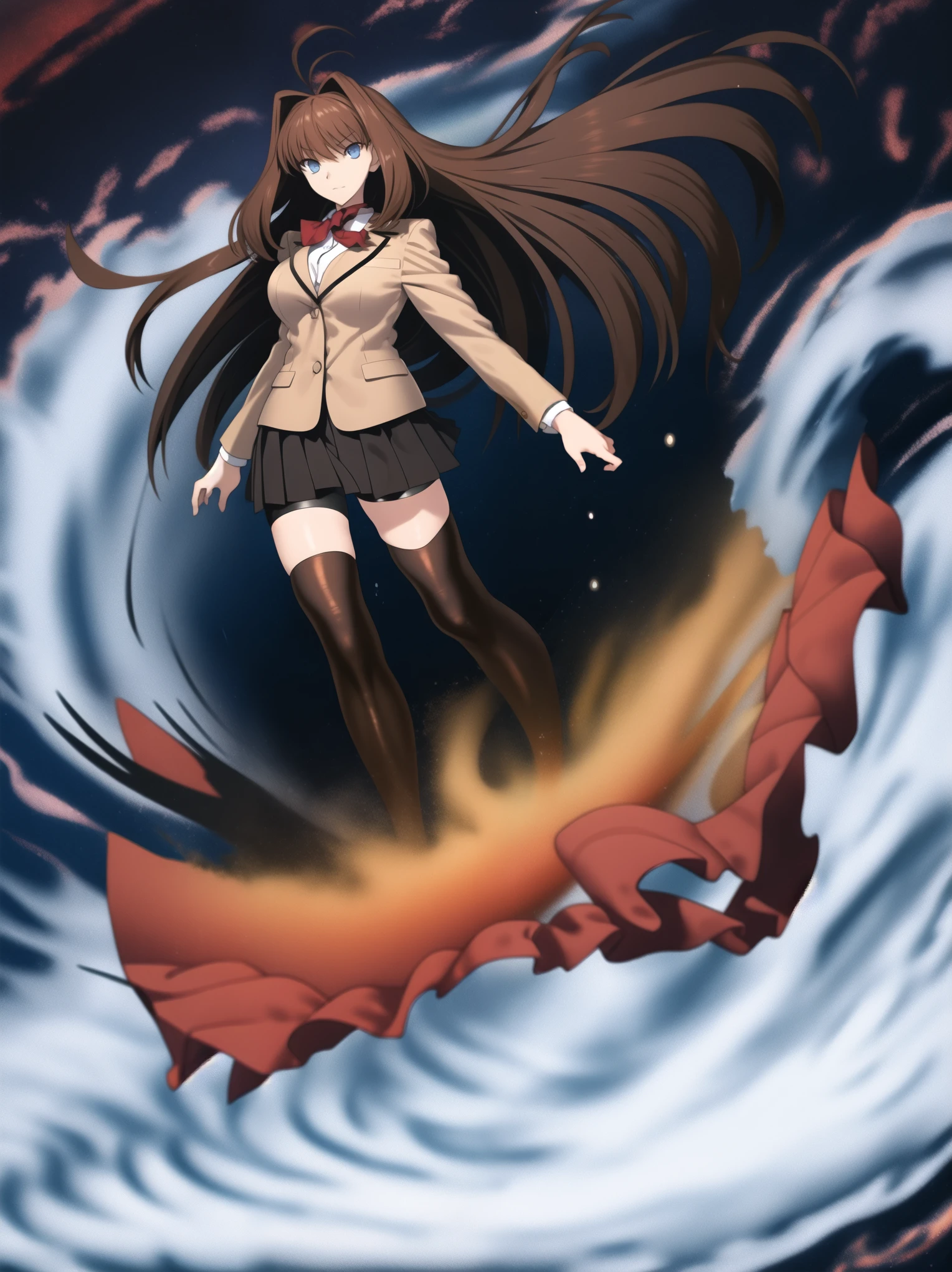BREAK, centered. BREAK, (EMPTY BACKGROUND), BREAK (masterpiece:1), best quality, high resolution, 8k, illustration, (beautiful detailed eyes:1.5), extremely detailed face, extremely detailed body, CG, perfect hands, perfect anatomy, (((1girl))), ((solo)), ((bbaoko)), ((2 legs max)), ((2 feet max:1.6)), ((swirling vortex shaped longest brown hair:1.5)), (brown longest hair with slightly reddish undertone:1.6), (lush luscious longest brown hair:1.6), (very long voluminous longest brown hair:1.5), serious, blue eyes, red bowtie, (Form-fitting beige blazer:1.5), brown jacket, (highly detailed beautiful face:1.2), (white shirt:1), (well shaped large breasts:1.6), (nice hips:1), (((Umber pleated thigh-high skirt:1.6))), (((black bike shorts:1.4))), (toned thighs:1.6), (jetblack thighhighs:1.6), (strap shoes brown color), (facing front:1.5), ((standing straight:1.5)), ((Fullbody in frame:1.6)), ((Full body:1.5)), ((takeuchi takashi:1.3))