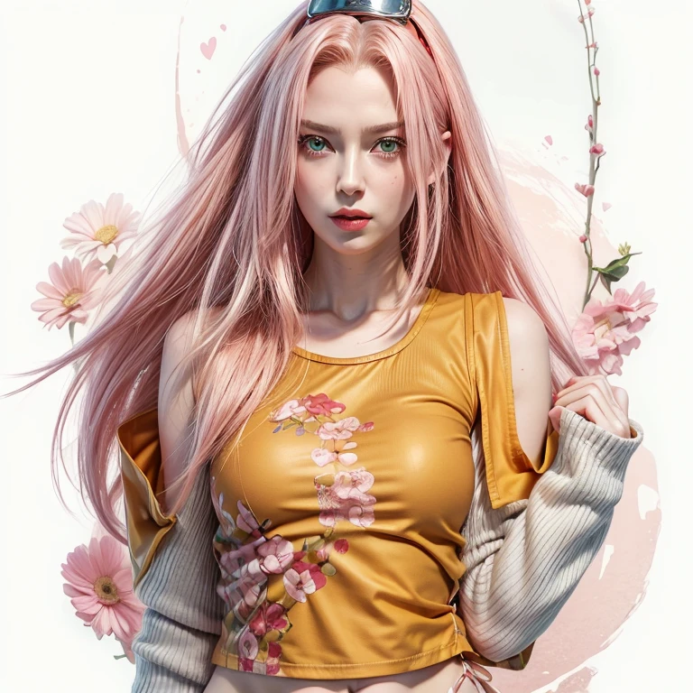 young woman, short shoulder-length pink hair, wide forehead, porcelain skin, pink eyebrows, big emerald green eyes, buttoned nose, full lips, heart-shaped face, slender body, small breasts, red tank top, Sakura Haruno , realistic, realism, details, 3d, well detailed