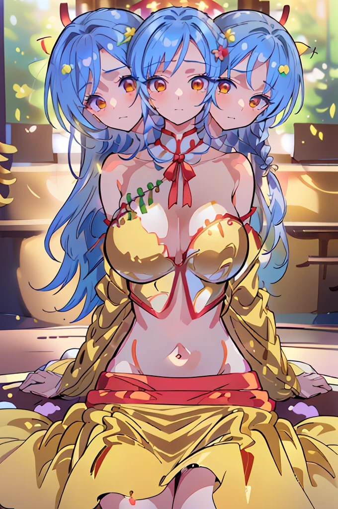 (masterpiece, best quality),best quality, (ultra-detailed), (3heads:1.5), 1girl, (label girl (dipp):1.3), masterpiece, ultra quality, ultra resolution, ultra detail, white top, crop top, ((stomach)), midriff, ((groin)), red skirt, normal ears, shackles, blue hair, very long hair, wavy hair, sidelocks, yellow eyes, detailed eyes, parted lips, open belly, sweat, cute, toned belly, hand on own chest, eyelashes, (22 year old woman:1.3), (masterpiece:1.5), (best quality:1.5), (beautiful detailed extremely detailed CG, extremely delicate and beautiful, depth of field, (finely detailed face), (perfect details:1.2), (mature female:1.3), wide pelvis, slender, large veiny breast, 16k resolution, highres, high quality, high definition, extremely detailed, masterpiece, best quality, blue hair, long hair, alluring presence, braid, short skirt, close up, big tits, young, star hair ornament, yellow ribbon, side ponytail, cabbie hat, hair ornament,
