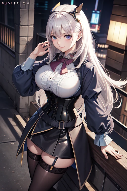 Big breasted anime girl, (corset dress: 1.2), (stockings), (Big smile), (whole body), (people々々I focus), (Long white hair), (View from above), (Hair in one eye),Enchanting anime girl, Best anime 4K, wallpapers, Attractive anime girl, 4k anime wallpaper, 4K Manga Wallpaper, Detailed digital anime art, Anime Best Girls, Beautiful Anime Girls, cyber punk, Detailed anime artwork, Beautiful and attractive anime women