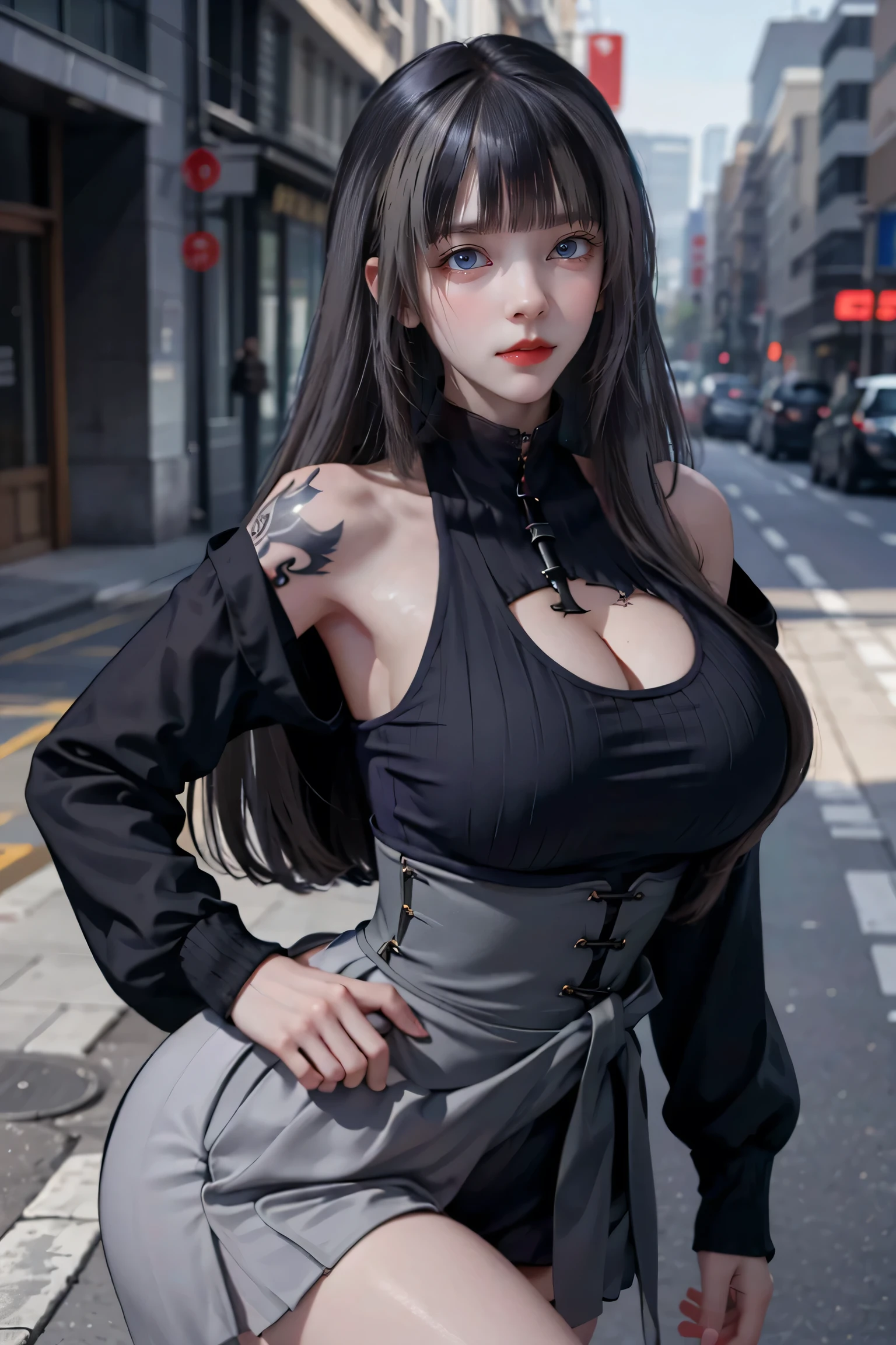 One Girl, Gray Hair, Long Hair, Techwear masterpiece, highest quality, Realistic, Dark purple jacket, Portraiture, fine grain, Platinum Hair, 21 year old girl, Fashion pose, Half Body, Wide Shot, on the road, cyber punk,(((He has many tattoos all over his body)), (((Tight waist))), ((Big Breasts)),(See through)，panties