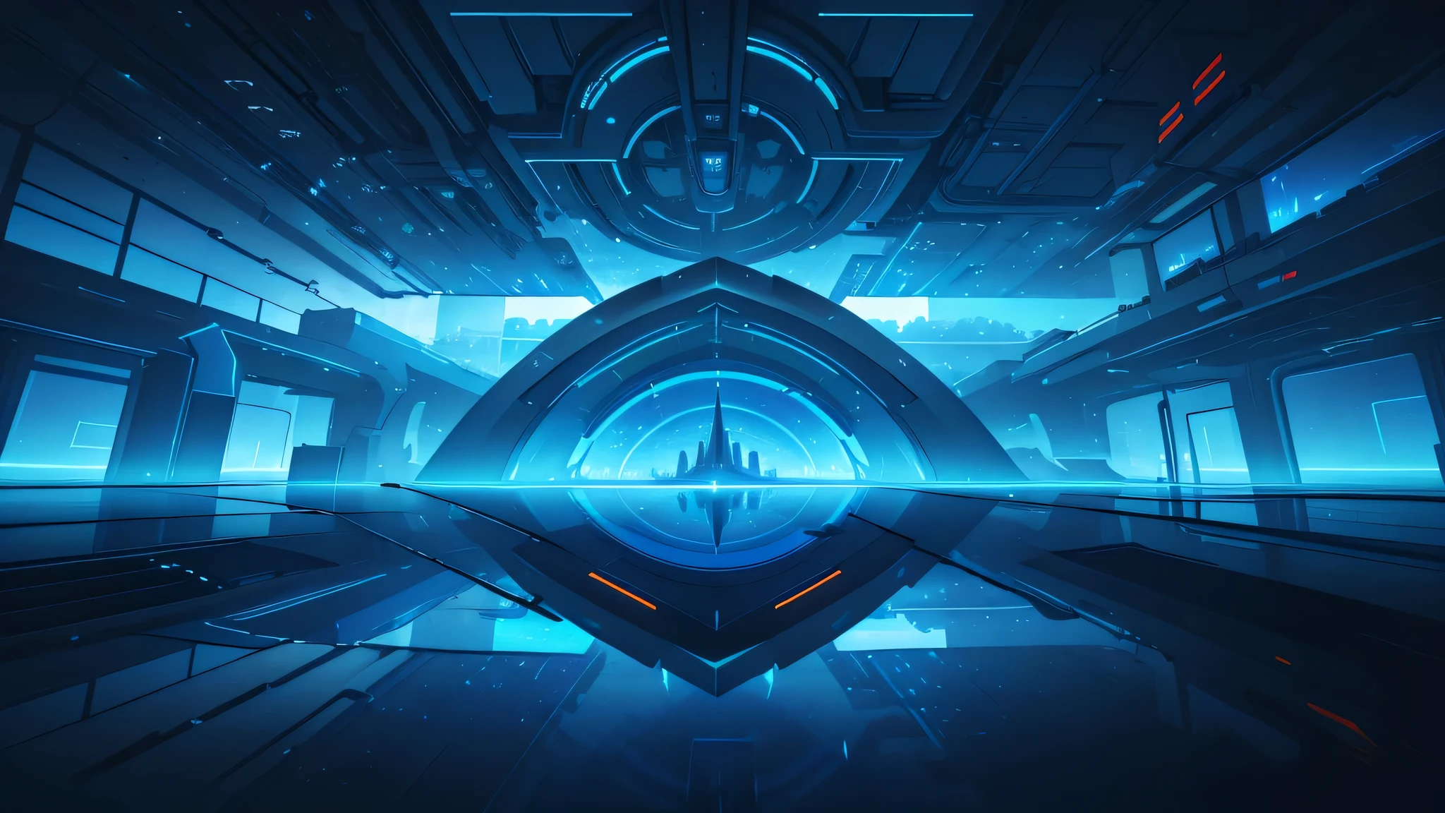 Blue Technology，Technological devices and holographic screens. Depth，Front view，symmetry，nobody，. The medium of art is digital, Focus on capturing futuristic atmosphere and environment.Symmetry scene,