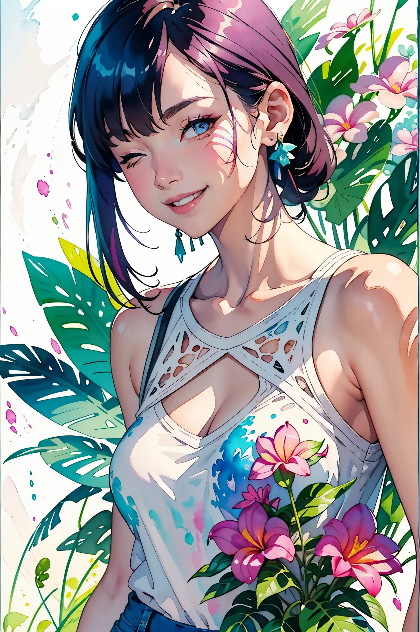 a Plumeria painting with a splatter background and spray paint effect, by Adam hughes, plumeria flower design t-shirt and jean shorts, upper body centered, multi-color hair, 1 eye closed, big happy smile, watercolor art,  watercolor painting, watercolor painting style, watercolor detailed art, watercolor digital painting, watercolor paint, masterfully detailed watercolor, watercolor art