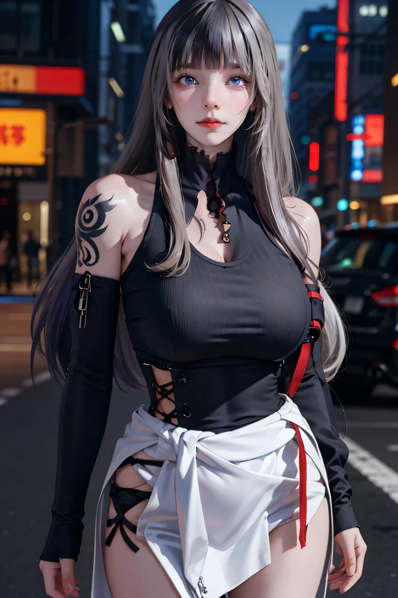 One Girl, Gray Hair, Long Hair, Techwear masterpiece, highest quality, Realistic, Dark purple jacket, Portraiture, fine grain, Platinum Hair, 21 year old girl, Fashion pose, Half Body, Wide Shot, on the road, cyber punk,(((He has many tattoos all over his body)), (((Tight waist))), ((Big Breasts)),(See through)，panties