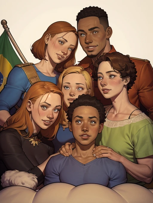 arafed family portrait with dog and flag of brazil, family portrait, por Camilo Mori, by Cesar Andrade Faini, por Luis Miranda, by Inacio Zuloaga, por Robert Combas, by Felipe Seade, Happy family, retrato de alta qualidade, detailed illustration portrait, arte oficial, Commission, por Willian Murai, Retrato colorido detalhado