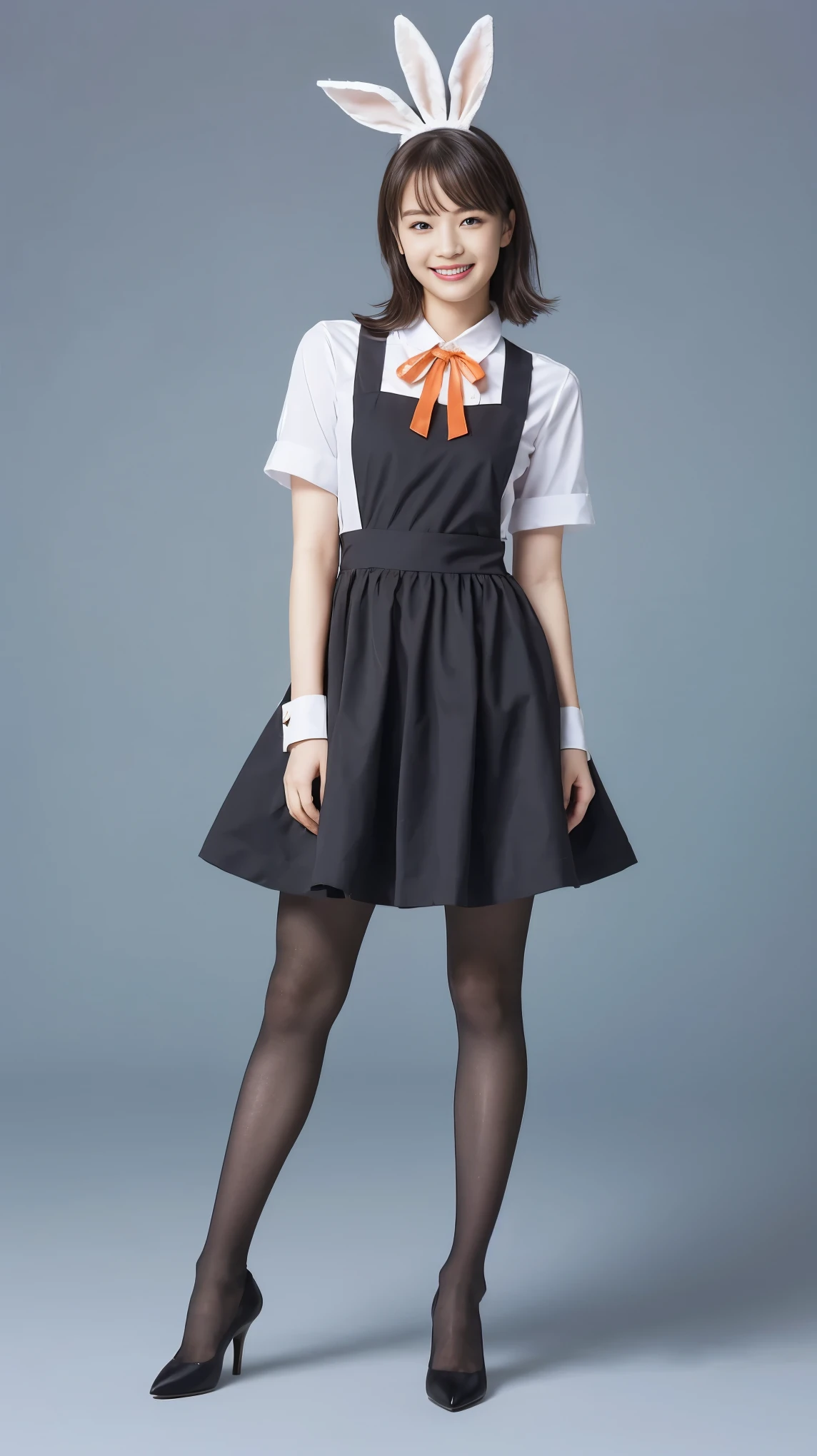 Bunny girl in orange maid outfit:1.5,Wearing black tights:1.5,The best smile:1.5,Full Body Shot:1.5,Gray background:1.5,Wearing black high heels:1.5,