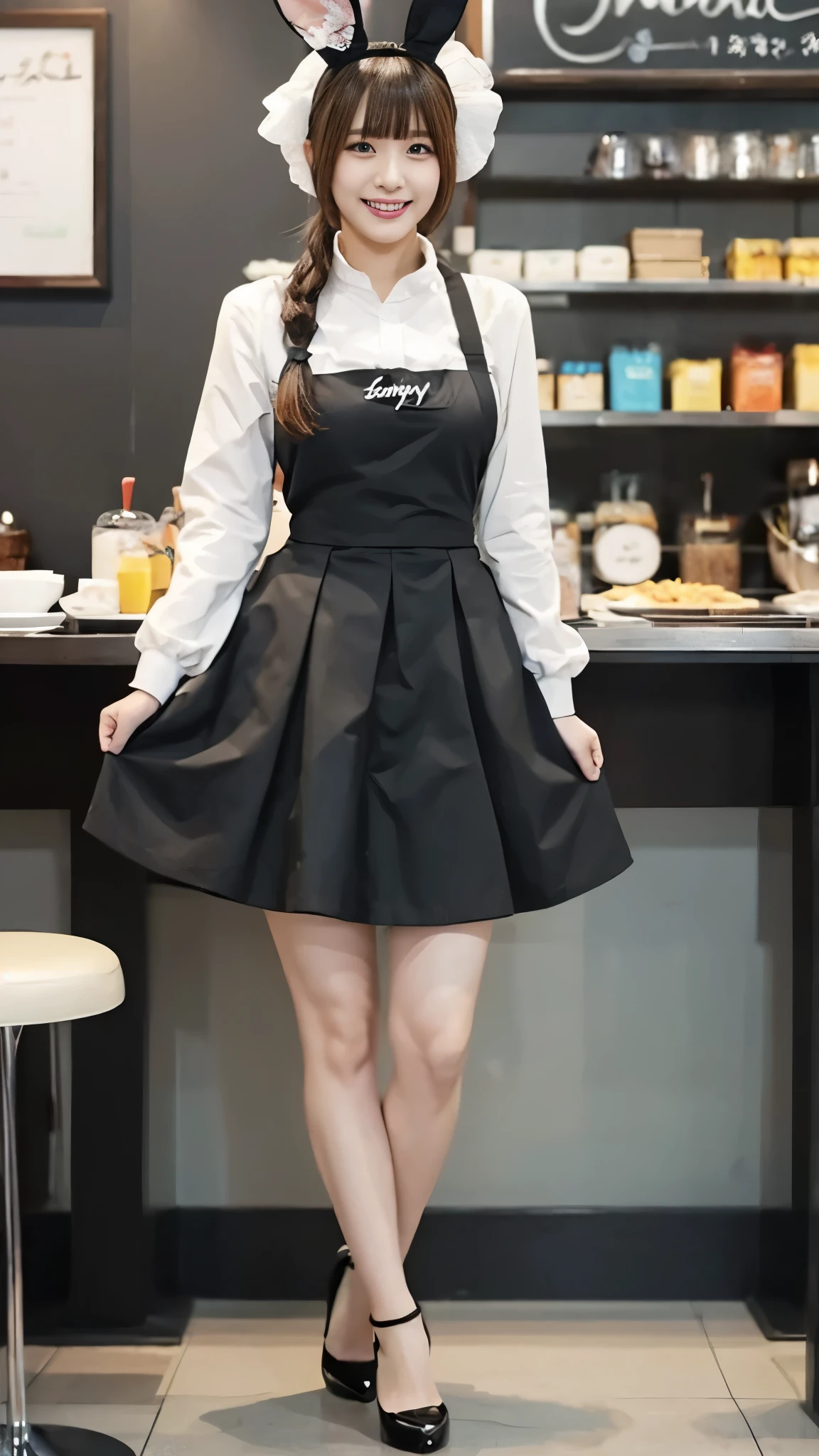 Bunny girl working at maid cafe:1.5，The best smile:1.5，Full Body Shot:1.5，Gray background:1.5，Wearing black high heels:1.5，