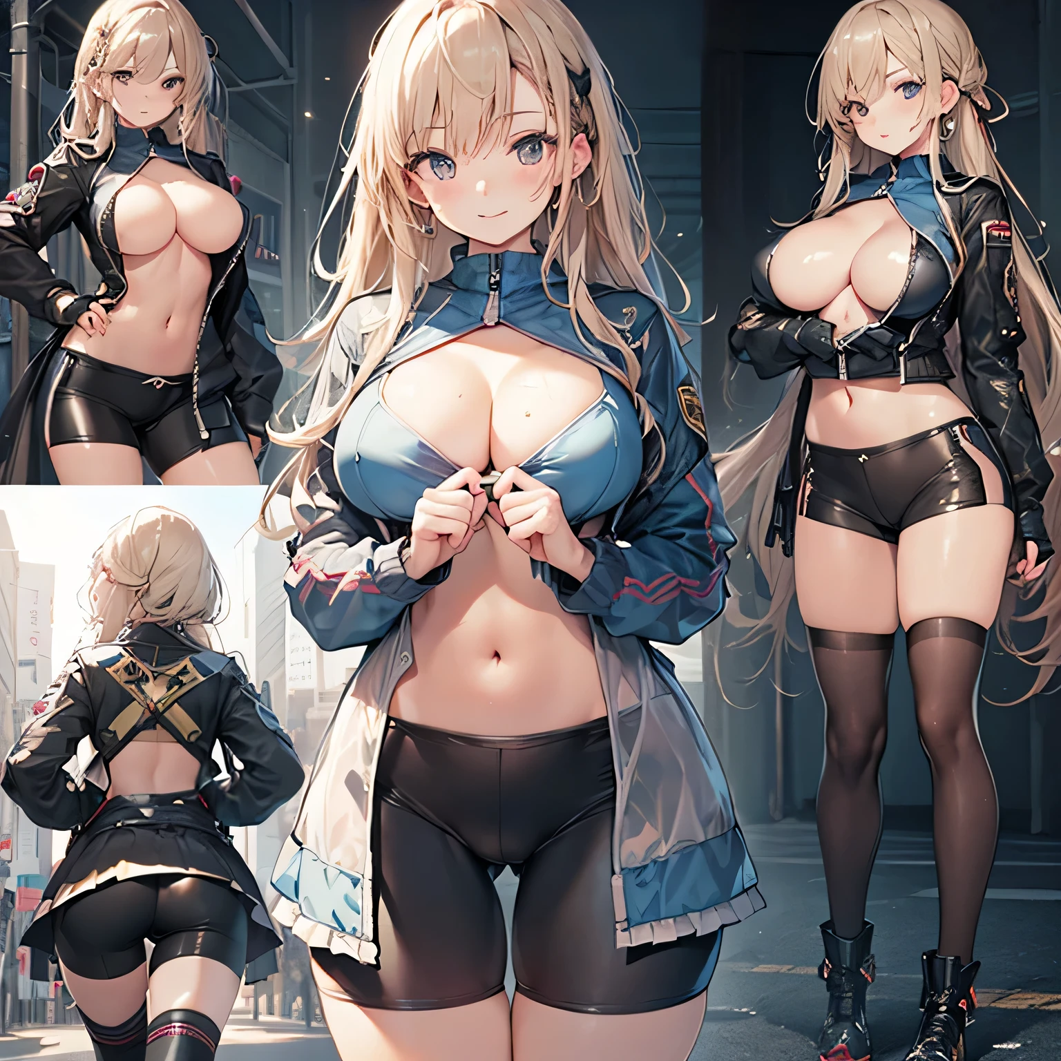 ((Browsing Caution)), highest quality、超High resolution、High resolution、Highly detailed CG、8k unit wallpaper、(((Perfect photo))), girl , Azusa Nakano, , Jacket, View Audience, smile, (Huge breasts), SFW with hidden breasts, Big ample breasts!, SFW Big, Beautiful and seductive anime woman, huge bountiful breasts!!, Bust ratio adopted, highest quality, Official Art, Best Anatomy, (Super shiny mesh bike shorts,:1.5、race、Frills)、((Dynamic pose))、Cowboy Shot, (Close-up from below)、(((Character design sheet、From directly below、Emphasize the chest、Accentuate your buttocks))),