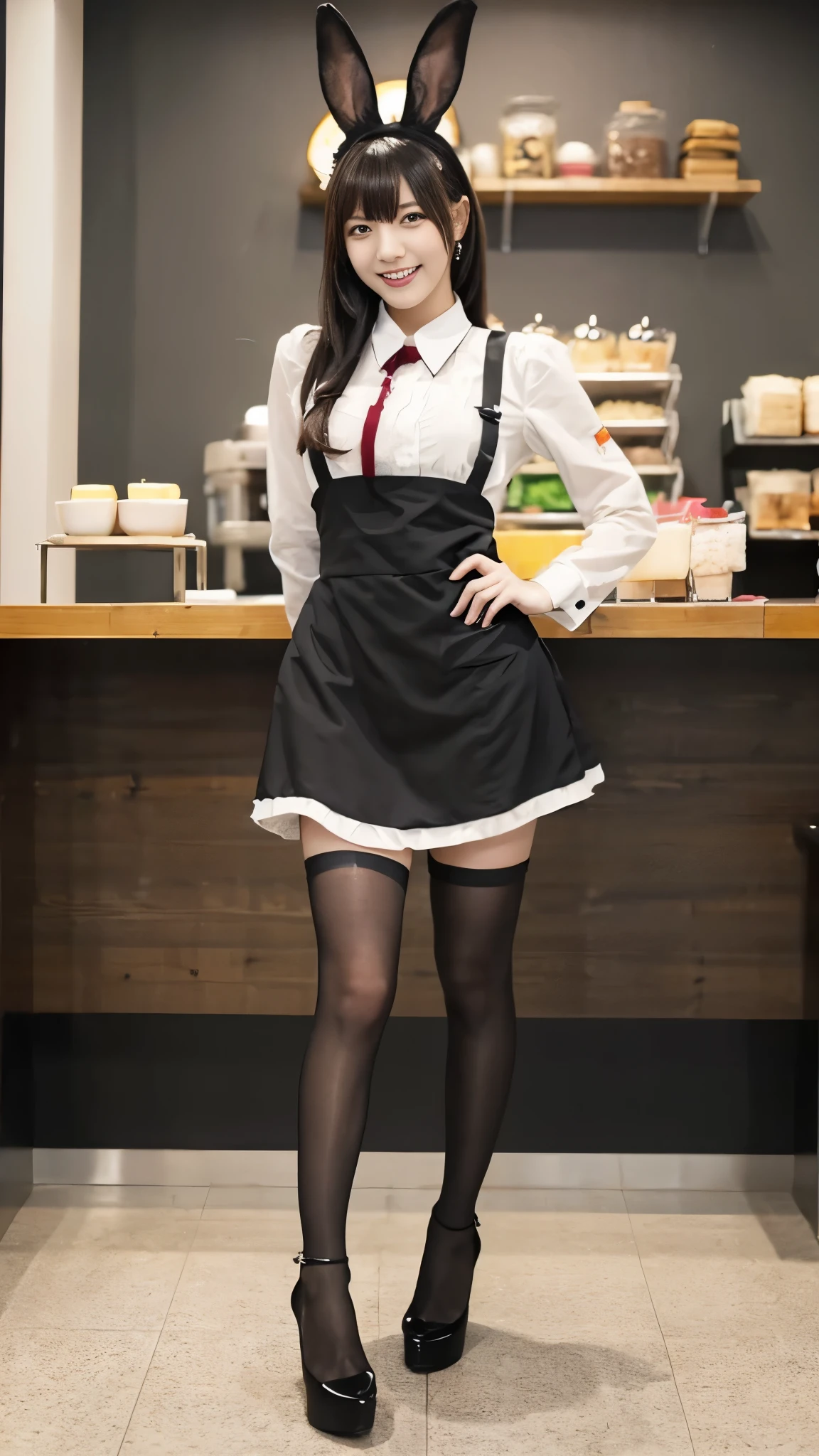 Bunny girl working at maid cafe:1.5，The best smile:1.5，Full Body Shot:1.5，Gray background:1.5，Wearing black high heels:1.5，