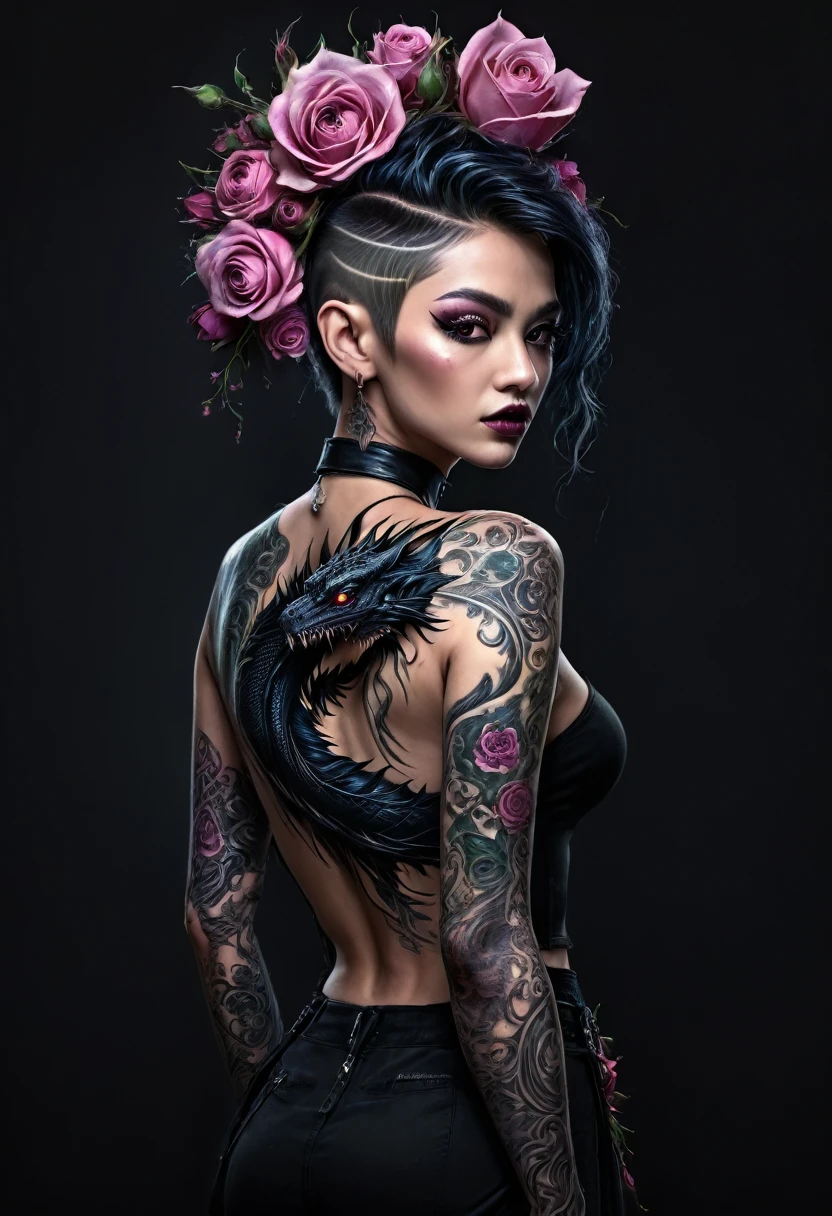 (best quality, 4k, 8K, high resolution, masterpiece: 1.2), ultra detailed: 1.4, back of a beautiful punk woman with a black dragon tattoo with roses, perfect body, mohawk hair:1,3 (photorealistic , intricate details: 1.37), highly detailed face, extremely detailed facial features, hyper-realistic skin texture, detailed skin texture, masterpiece, 8k, beautiful detailed eyes, beautiful detailed lips, extremely detailed face, long eyelashes, realistic, extremely details fine, photorealistic, dramatic lighting, moody lighting, cinematic lighting, physically based rendering, vivid colors, dramatic lighting, intricate details, cinematic composition, gothic fashion, dramatic pose