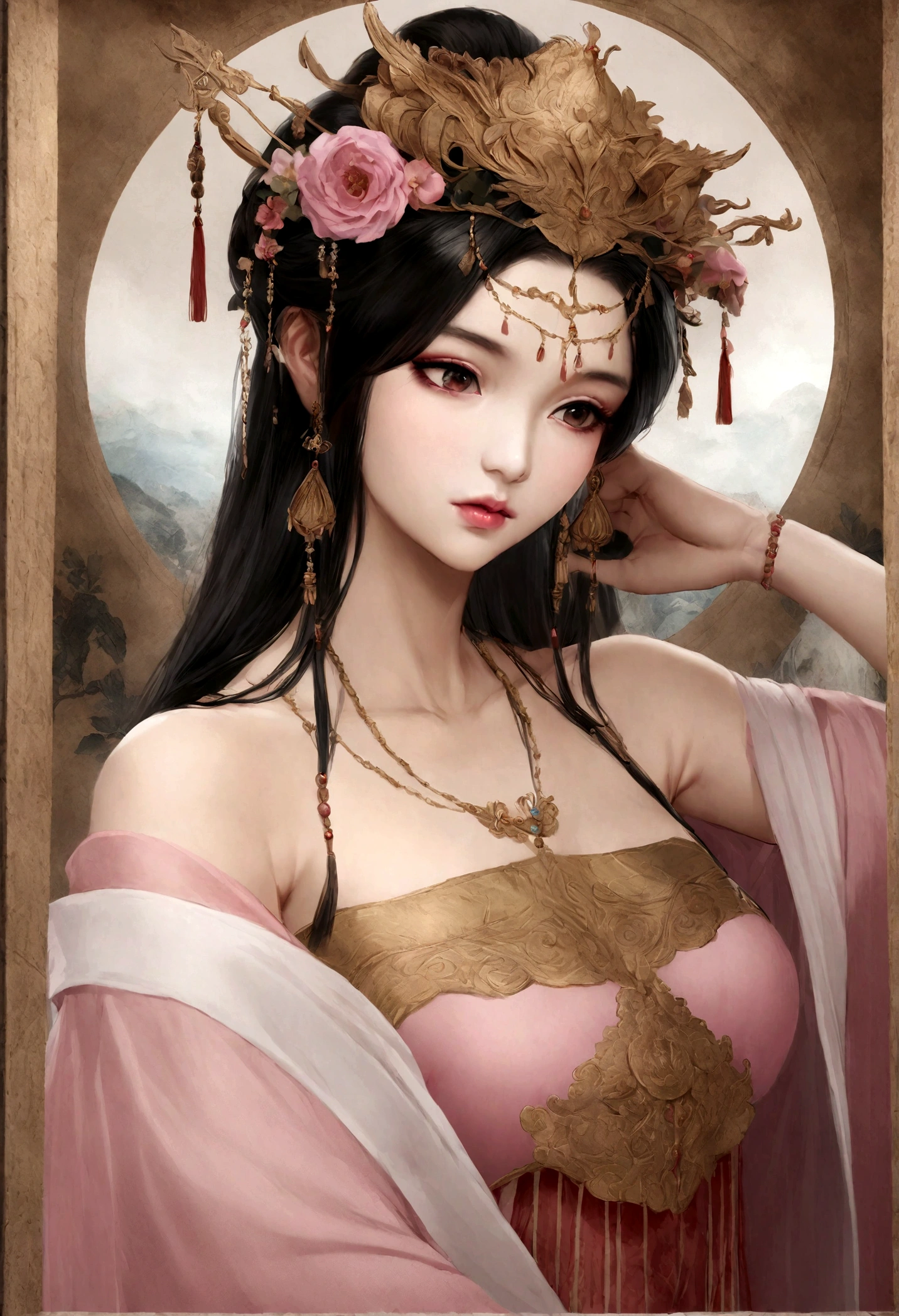 naked woman in a pink dress with a flower crown on her head, a colorized photo inspired by Lan Ying, trending on cg society, realism, hanfu, palace , a girl in hanfu, ancient chinese princess, a beautiful fantasy empress, ancient china art style, ancient asian dynasty princess, chinese empress, white hanfu, chinese princess,looking down,