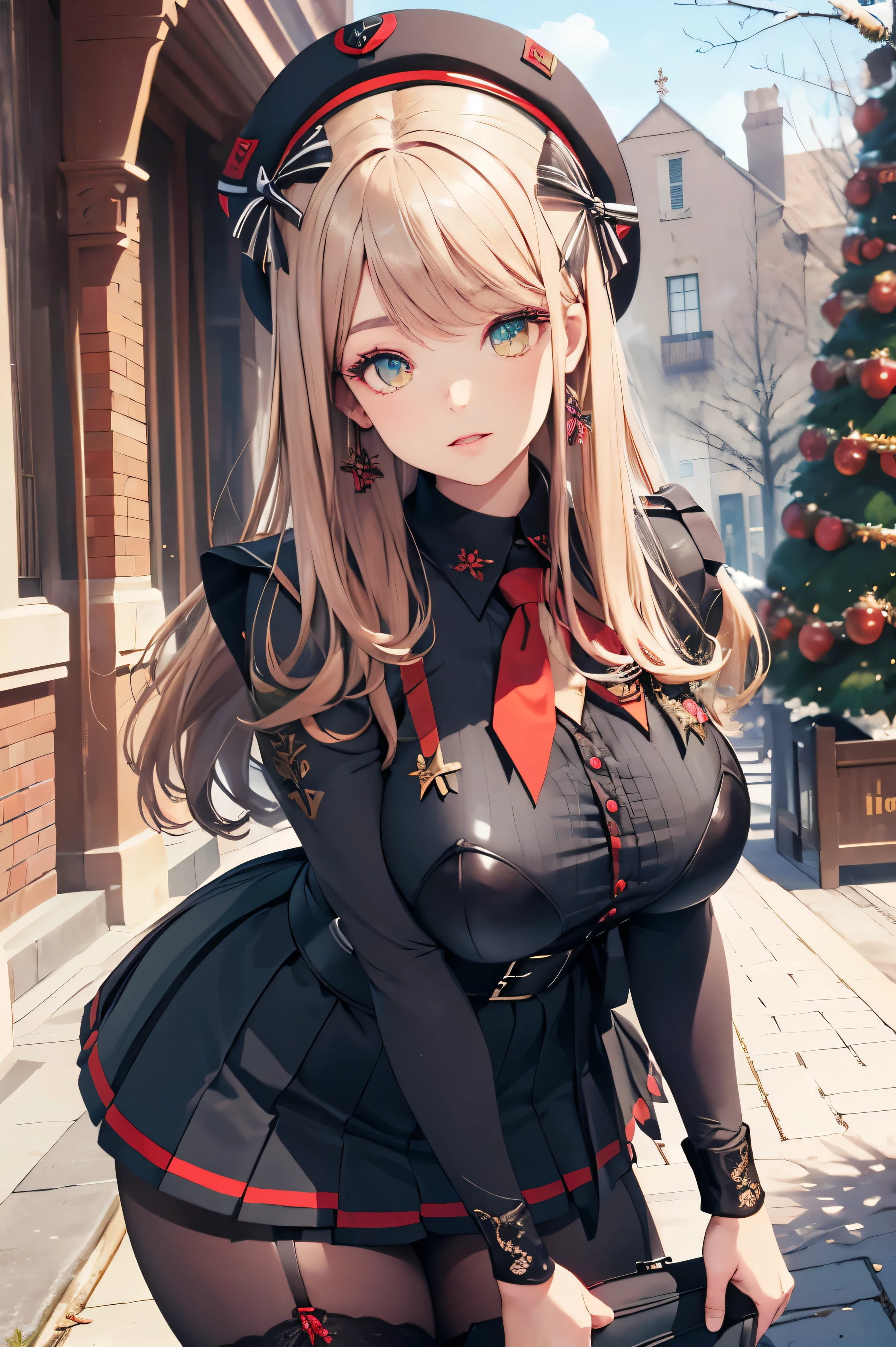 (paysage ville), (finely detailed eyes and detailed face:1.3), (extremely fine and beautiful:1.1), (Perfect details:1.1), nikke, emmadef, beret, bow, skirt, jacket, pantyhose, black shirt emmawinter, white thighhighs