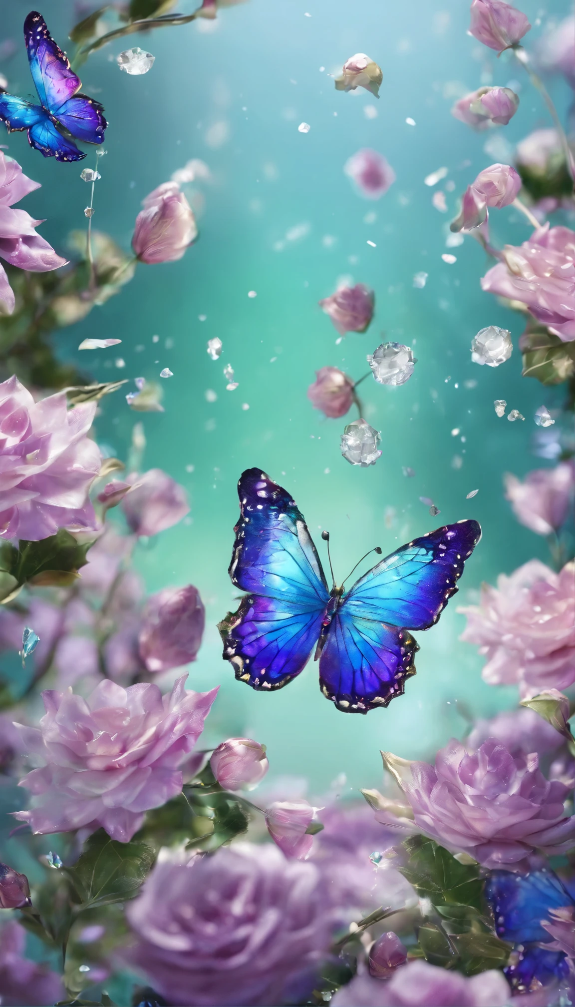 The background is greenblue,moon light,All expressed with jewels, the arrival of spring, various beautiful flower
, Beautiful purple swallowtail butterfly,angles looking up from below, various jewels falling from the sky, wonderful and beautiful superb view, slightly hazy, fantastic, high resolution, 8K, (best quality, highres, realistic:1.37), shiny metallic flowers, intricate and delicate petals, reflective surfaces, vibrant colors, intricate details, close-up view, surreal garden, surreal beauty, dreamy atmosphere, fine art, abstract botanicals, metallic sculpture, contrasting textures, ethereal glow
