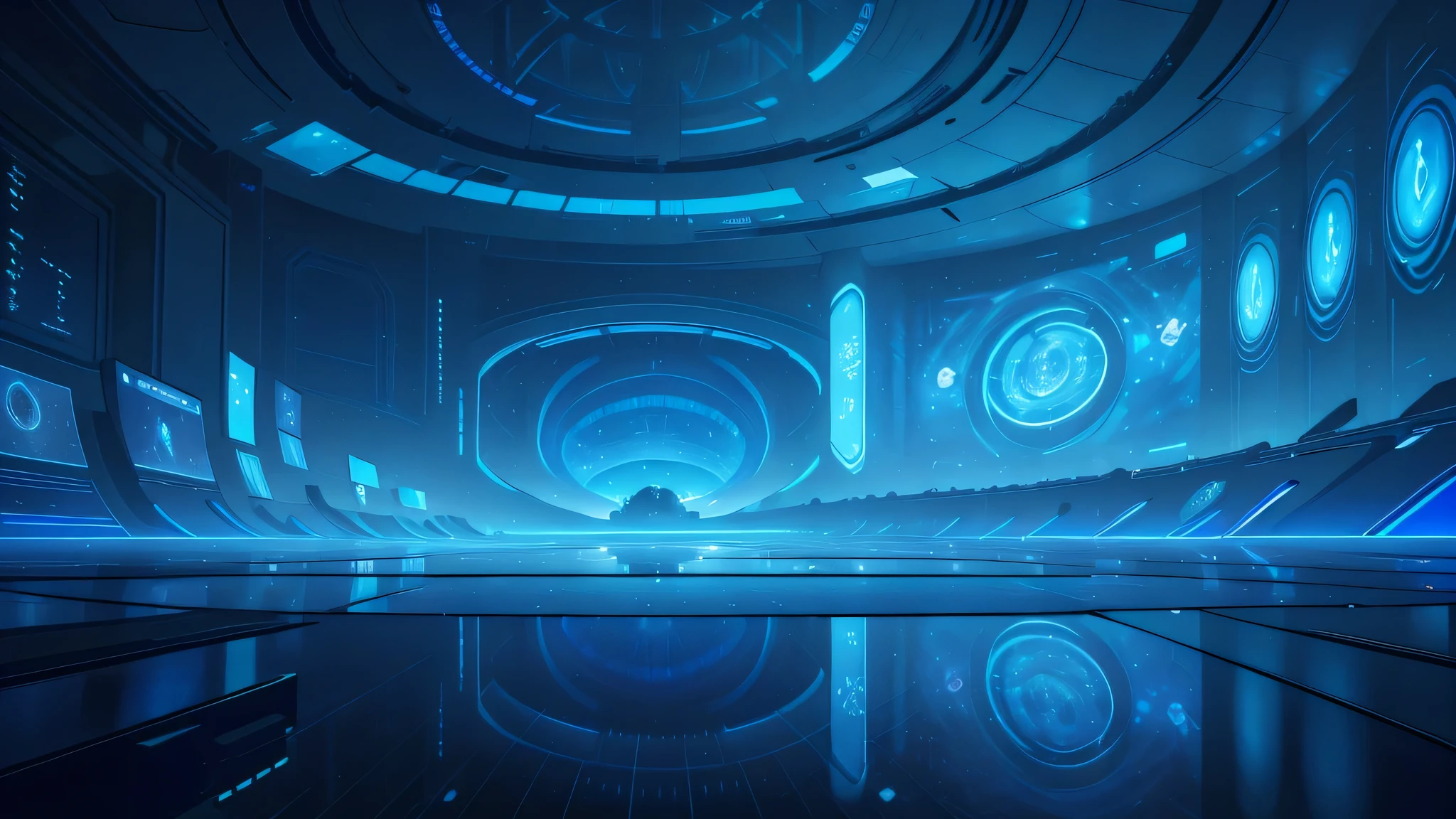 Blue Technology，Technological devices and holographic screens. Depth，Front view，hemicycle，symmetry，nobody，. The medium of art is digital, Focus on capturing futuristic atmosphere and environment.Symmetry scene,