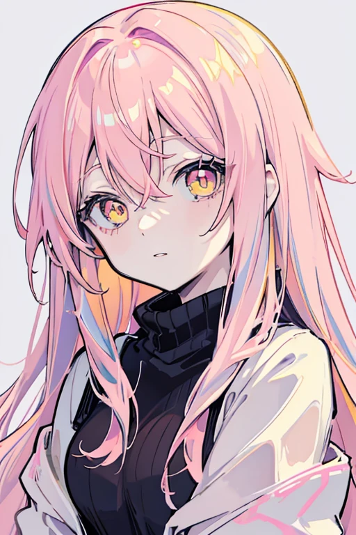 anime girl with pastel pink hair, yellow eyes, pale skin, fine and soft features 