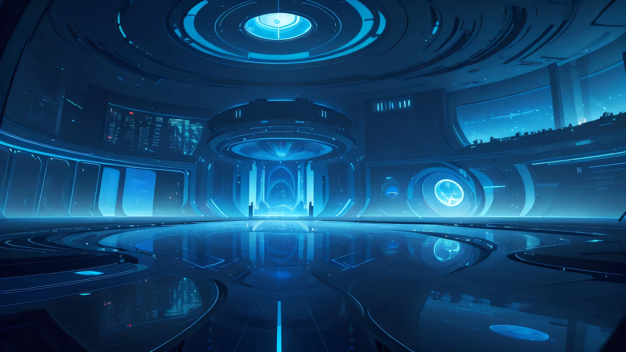 Blue Technology,Technological devices and holographic screens. Depth,Front view,hemicycle,symmetry,nobody,. The medium of art is digital, Focus on capturing futuristic atmosphere and environment.Symmetry scene,