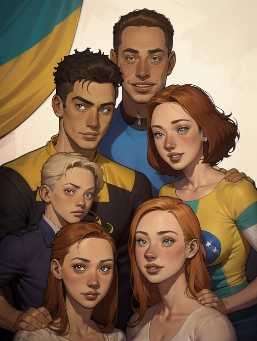 arafed family portrait with dog and flag of brazil, family portrait, por Camilo Mori, by Cesar Andrade Faini, por Luis Miranda, by Inacio Zuloaga, por Robert Combas, by Felipe Seade, Happy family, retrato de alta qualidade, detailed illustration portrait, arte oficial, Commission, por Willian Murai, Retrato colorido detalhado
