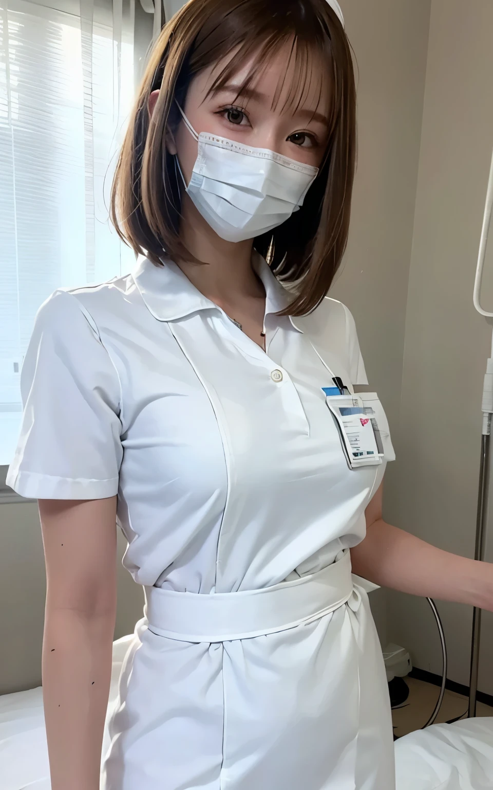 1 girl,(Wearing white nurse clothes:1.2),(RAW Photos, highest quality), (Realistic, photo-Realistic:1.4), masterpiece, Very delicate and beautiful, Very detailed, 2k wallpaper, wonderful, finely, Very detailed CG unity 8k wallpaper, Very detailed, High resolution, Soft Light, Beautiful detailed girl, Very detailed eyes and face, Beautiful and detailed nose, finely beautiful eyes, nurse, Perfect Anatomy, Black Hair, Upstyle, nurse uniform, ((mask)), Long skirt, nurse, White costume, thin, hospital, clear, White Uniform, hospital room, Neck auscultation,Bobcut