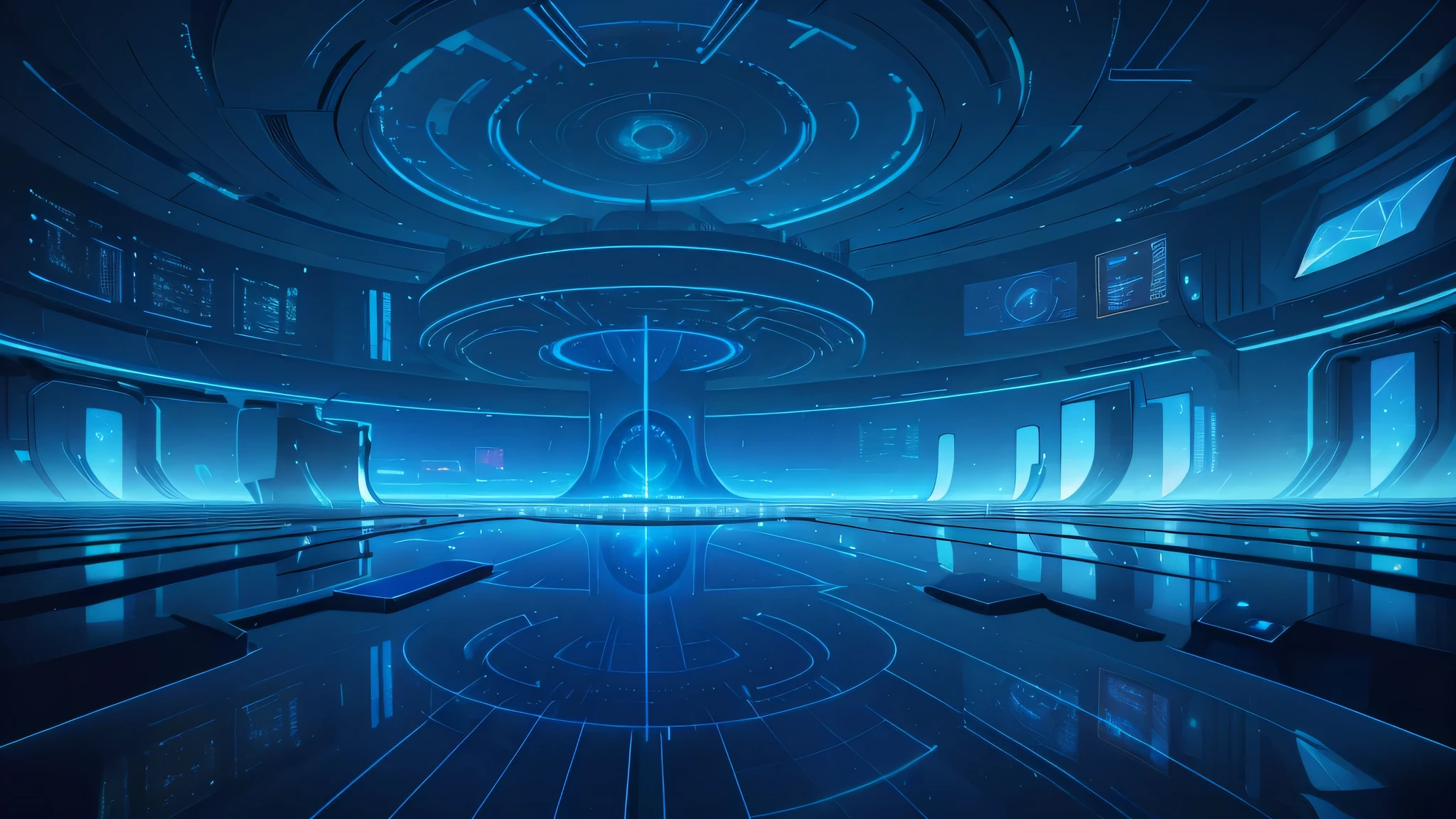 Blue Technology,Technological devices and holographic screens. Depth,Front view,hemicycle,symmetry,nobody,. The medium of art is digital, Focus on capturing futuristic atmosphere and environment.Symmetry scene,