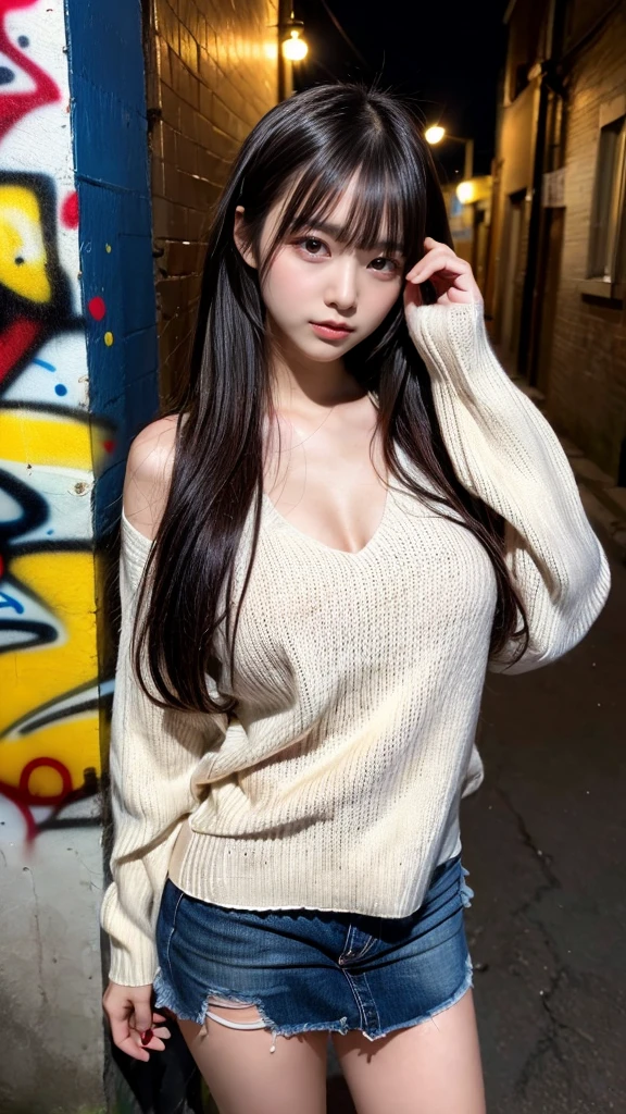 masterpiece, best quality, illustration, Super detailed, fine details, High resolution, 8K,wall paper, perfect dynamic composition,(Details High quality, realistic depiction of eyes:1.3), (Japanese teenage girl standing in a dirty back alley at night, hands on head, graffitied wall:1.1), ((white hand-knitted long sweater, v-neck sweater, oversized clothes)), black hair color, Big Natural Color Lip, seductive face, provocative look, crying a little、Harajuku style、(graffiti), night time, 20 year old girl、cute type、lolita, Gravure Idol, full body photo、focus on crotch, huge breasts, plump breasts