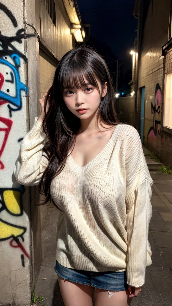 masterpiece, best quality, illustration, Super detailed, fine details, High resolution, 8K,wall paper, perfect dynamic composition,(Details High quality, realistic depiction of eyes:1.3), (Japanese age girl standing in a dirty back alley at night, hands on head, graffitied wall:1.1), ((white hand-knitted long sweater, v-neck sweater, oversized clothes)), black hair color, Big Natural Color Lip, seductive face, provocative look, crying a little、Harajuku style、(graffiti), night time, 20 year old girl、cute type、loliGravure Idol, full body photo、focus on crotch, huge breasts, plump breasts
