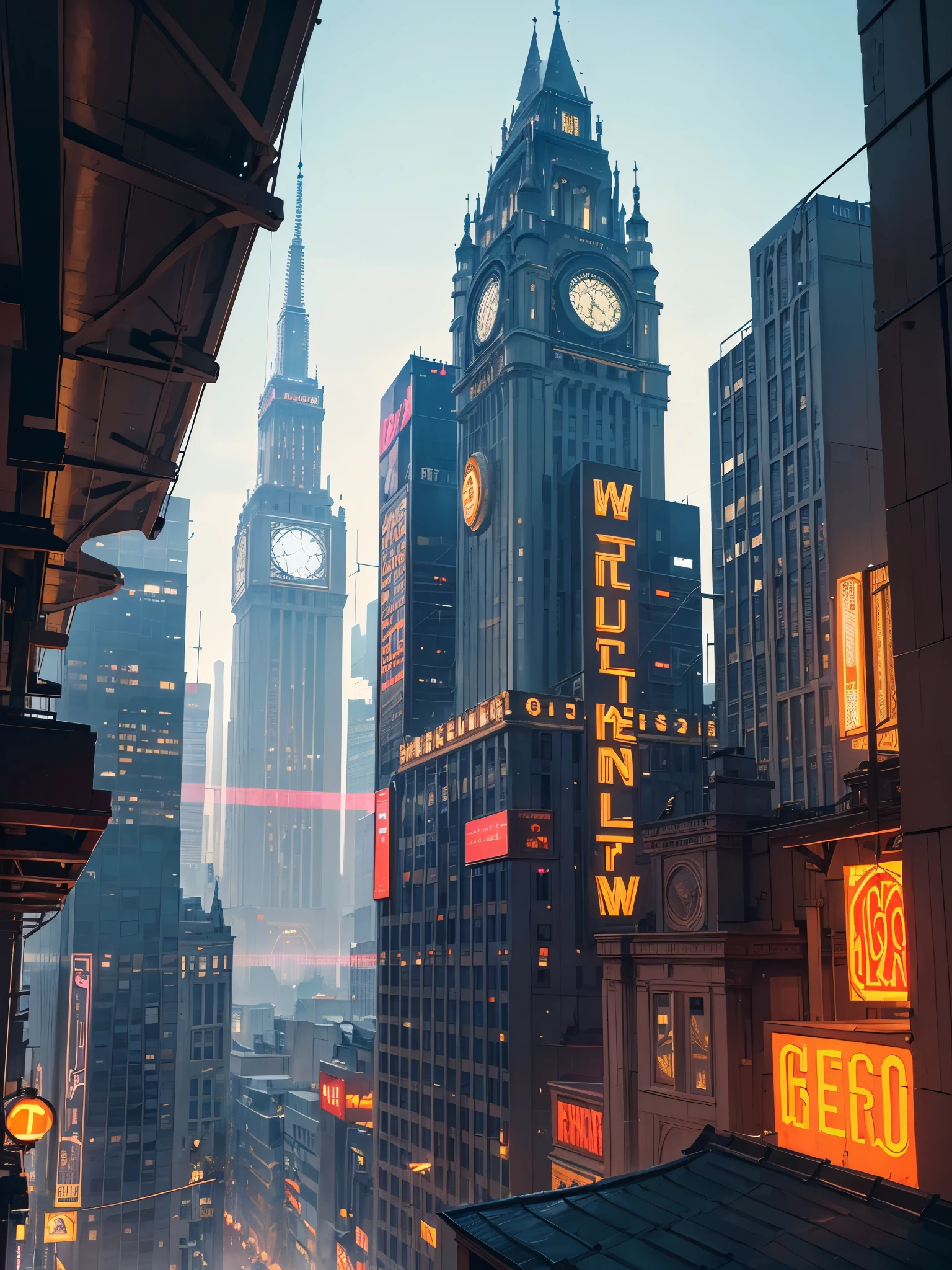 best quality, Ultra-fine, 16K, Ridiculous, Very detailed, A building built nearly 100 years ago and a huge (Neon) The roof looks old, In the distance you can see a futuristic city, A Place Between Times, retro, Nostalgia, A world in transition, (Magnificent views:1.3)