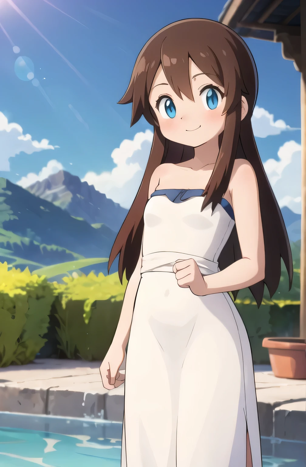 Melody_Pokemon, blue eyes, long hair, brown hair, smile, cowboy shot, facing viewer,, absurdres, ultra detailed, masterpiece, best quality, Teenager, masterpiece, best quality, Blushing, Bare Neck, Bare Shoulders, strapless, White maxi dress. Standing up. Cowboy shot. A landscape of blue skies, a mountain, a mansion, an garden maze, a water pool