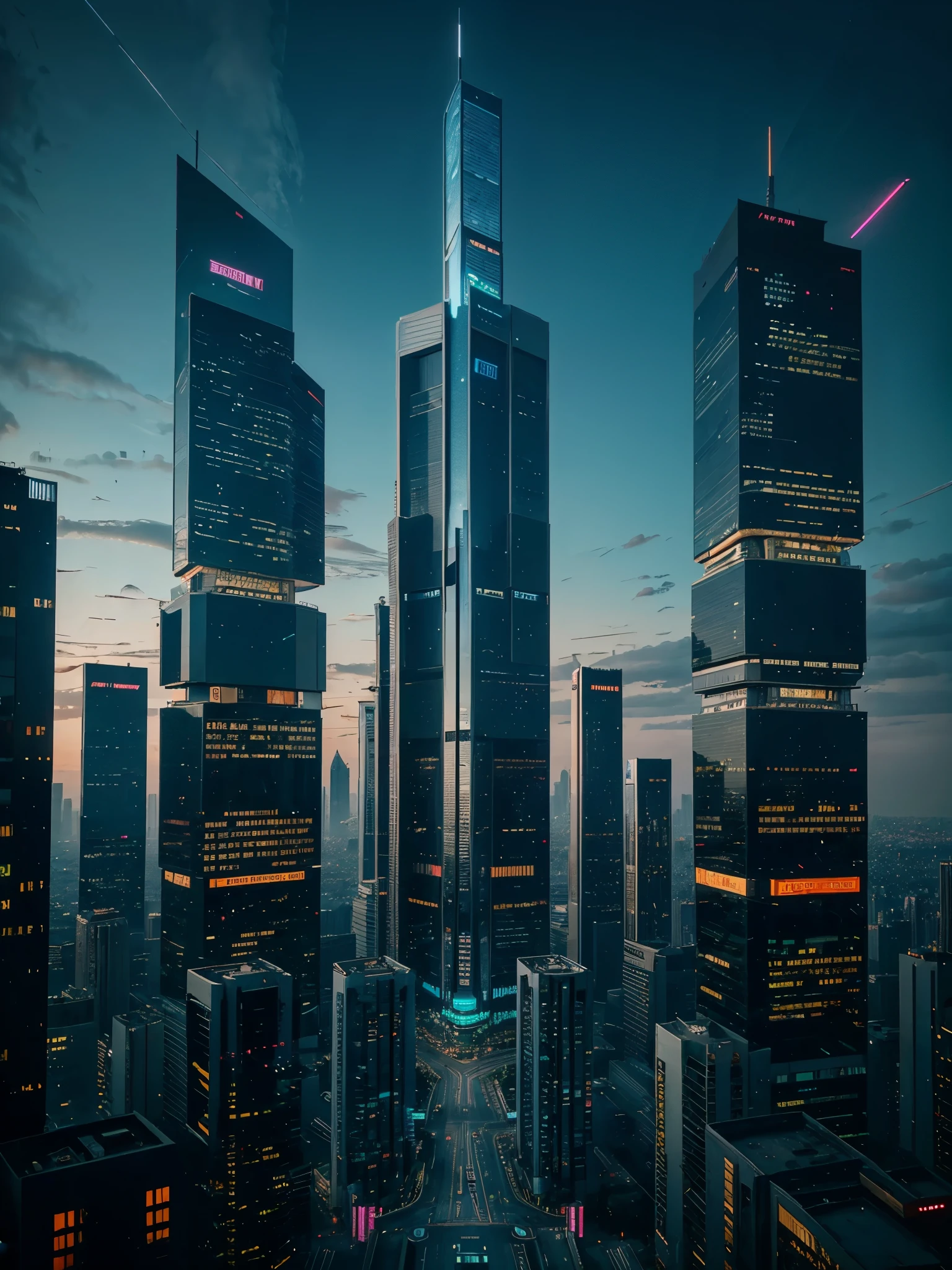 Future architecture, Cyberpunk, Tallest Building, Sky Landscape, Neon lights on buildings, 8K picture quality, masterpiece, nobody 