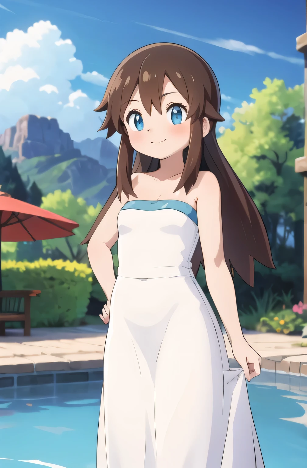 Melody_Pokemon, blue eyes, long hair, brown hair, smile, cowboy shot, facing viewer,, absurdres, ultra detailed, masterpiece, best quality, Teenager, masterpiece, best quality, Blushing, Bare Neck, Bare Shoulders, strapless, White maxi dress. Standing up. Cowboy shot. A landscape of blue skies, a mountain, a mansion, an garden maze, a water pool