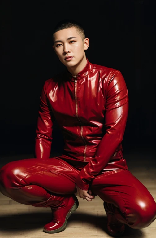 Japan man，Man,Youth，Best quality, crisp quality, Masterpiece, Highest resolution, Highly detailed, Red latex ，One-piece latex leotard，Tight latex ，No zipper，love heart，chest muscle，Full-body muscular figure，night club，mtu,Gay，head to toe，toeless legwear，mitts，Collar ,only boy , only male, buzz cut hairstyle  , wide pelvis ,  wide hips , phat hips , thick thighs, (((only male , only boy)))