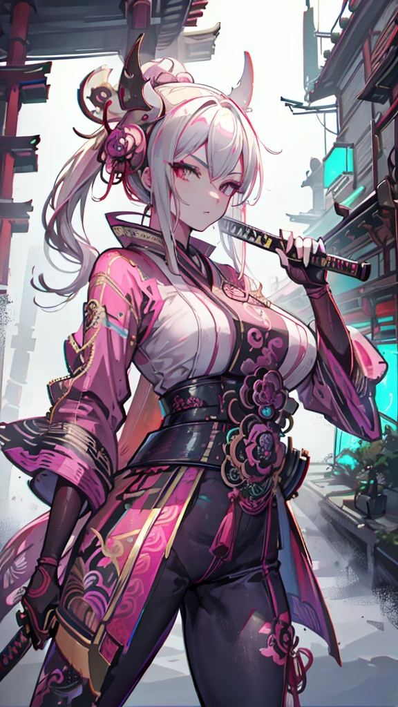 beautiful asassin woman wear mask,,holding katana,background of huge pagoda,extra detailed,ultra hd,realistic 