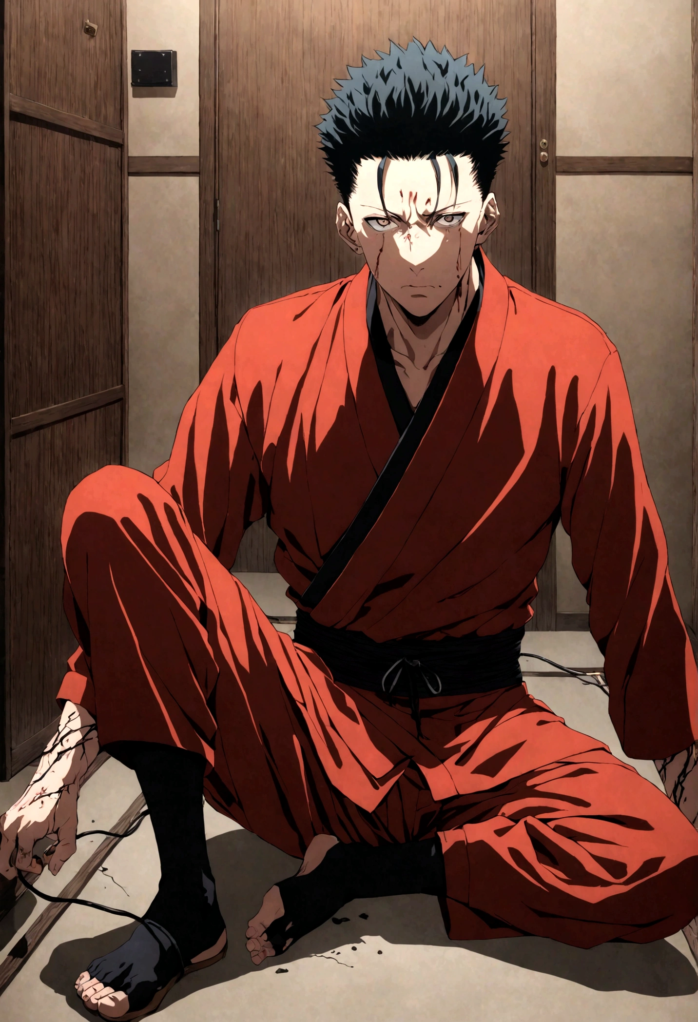 1 boy, Men's Center, Satoru gojou,Jujutsu Kaisen、Injury, electricity,, masterpiece, highest quality, so beautiful,