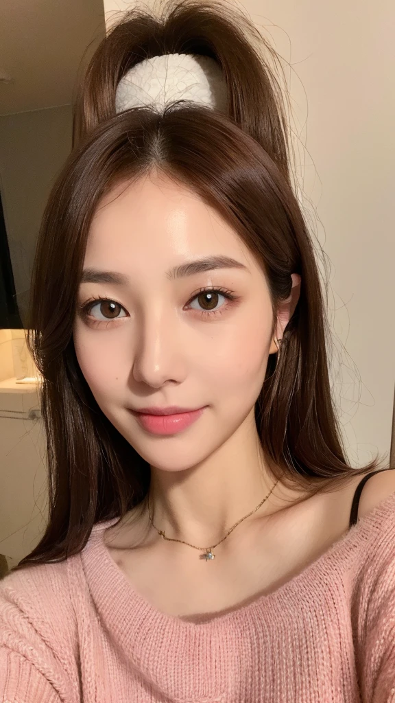 ((Night, Realistic Light, Best Quality, 8K, Masterpiece: 1.3)), 1girl, Slim Beauty: 1.4, Abs: 1.1, (Brown hair, Medium breasts: 1.3), Long pink sweater: 1.1, Bathroom, Super fine face, Delicate eyes, Double eyelids, smile, necklace