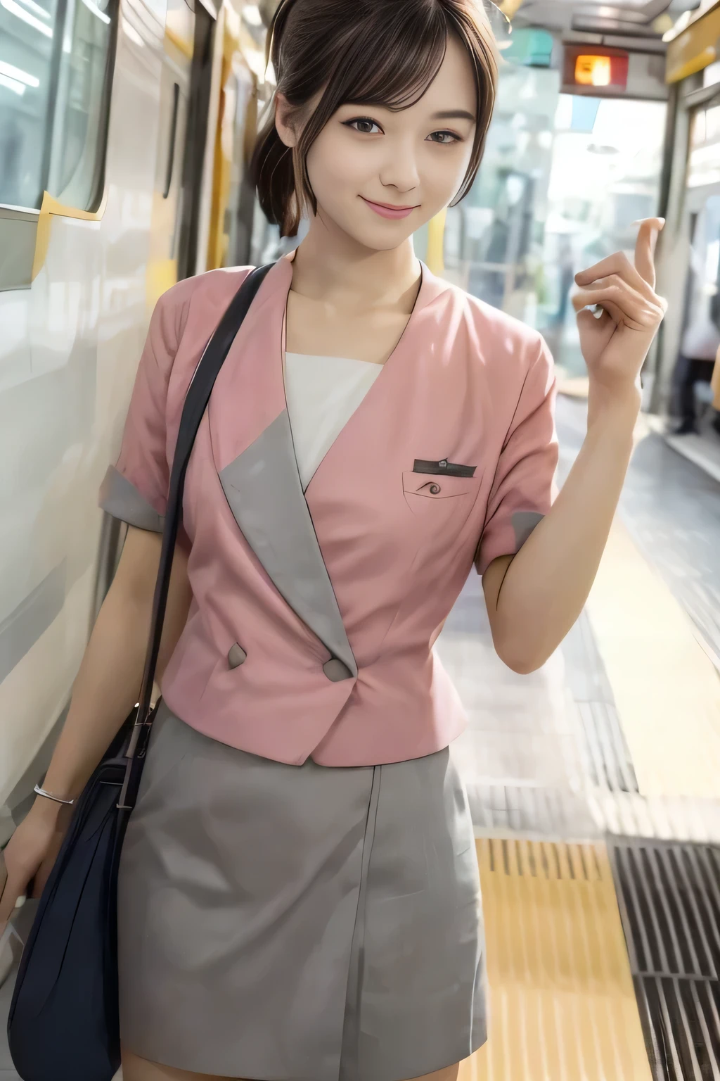 (masterpiece:1.2, highest quality:1.2), 32K HDR, High resolution, (alone、1 girl)、(At the station platform in the afternoon、Professional Lighting)、Background of an empty station platform、(Nankai train crew uniform pinkを着たリアルスタイル)、(Nankai train crew uniform pink short sleeve pink jacket、Nankai Train Crew Uniform Pink Collarless Short Sleeve Blouse、Nankai Train crew uniform pinkのグレー色のキュロットスカート)、Scarf around the neck、Dark brown hair、(Hair tied up、Hair Bun、Hair Bun)、Dark brown hair、Long Shot、Big Breasts、Thin legs、((Great hands:2.0)),((Harmonious body proportions:1.5)),((Normal limbs:2.0)),((Normal finger:2.0)),((Delicate eyes:2.0)),((Normal eyes:2.0)))、smile、(Nankai Train crew uniform pinkのグレー色のキュロットスカートを見せた美しい立ち姿)